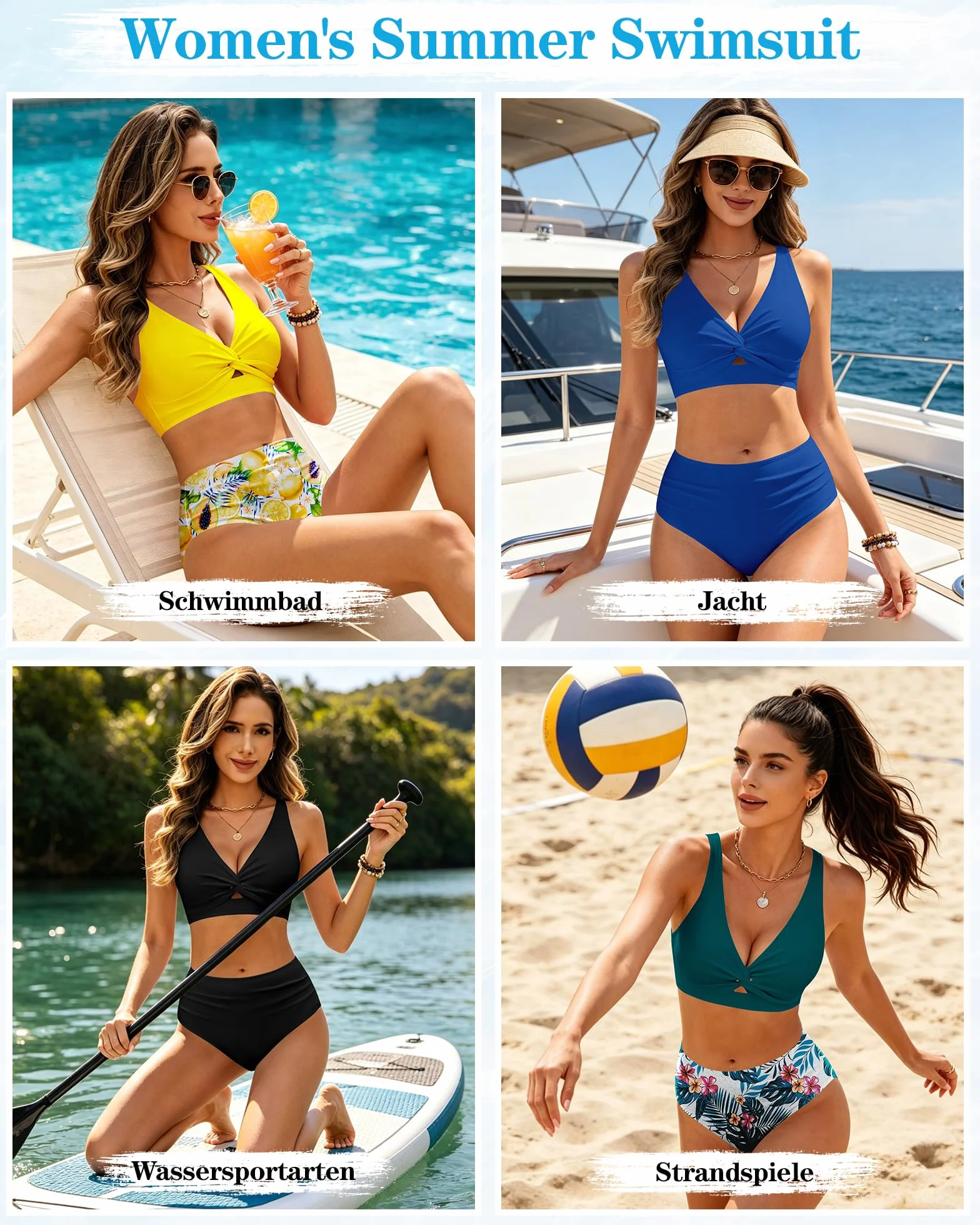 HORISUN Damen Bikini Set, High Waist Twist Front V-Ausschnitt Badeanzug Zweiteiliger Bademode Swimsuit