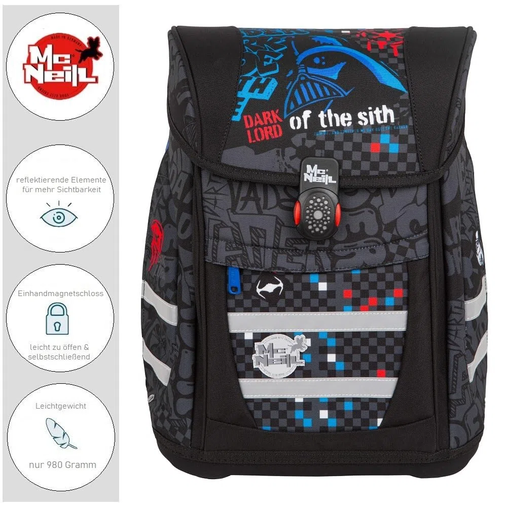 Familando - McNeill Teneris Schulranzen Set - 6-teilig mit Federmappe - Star Wars Darth Vader - Ergonomisch & mit Brustgurt - 980g leicht mit 18L Volumen & Reflektoren - ab 1. Klasse