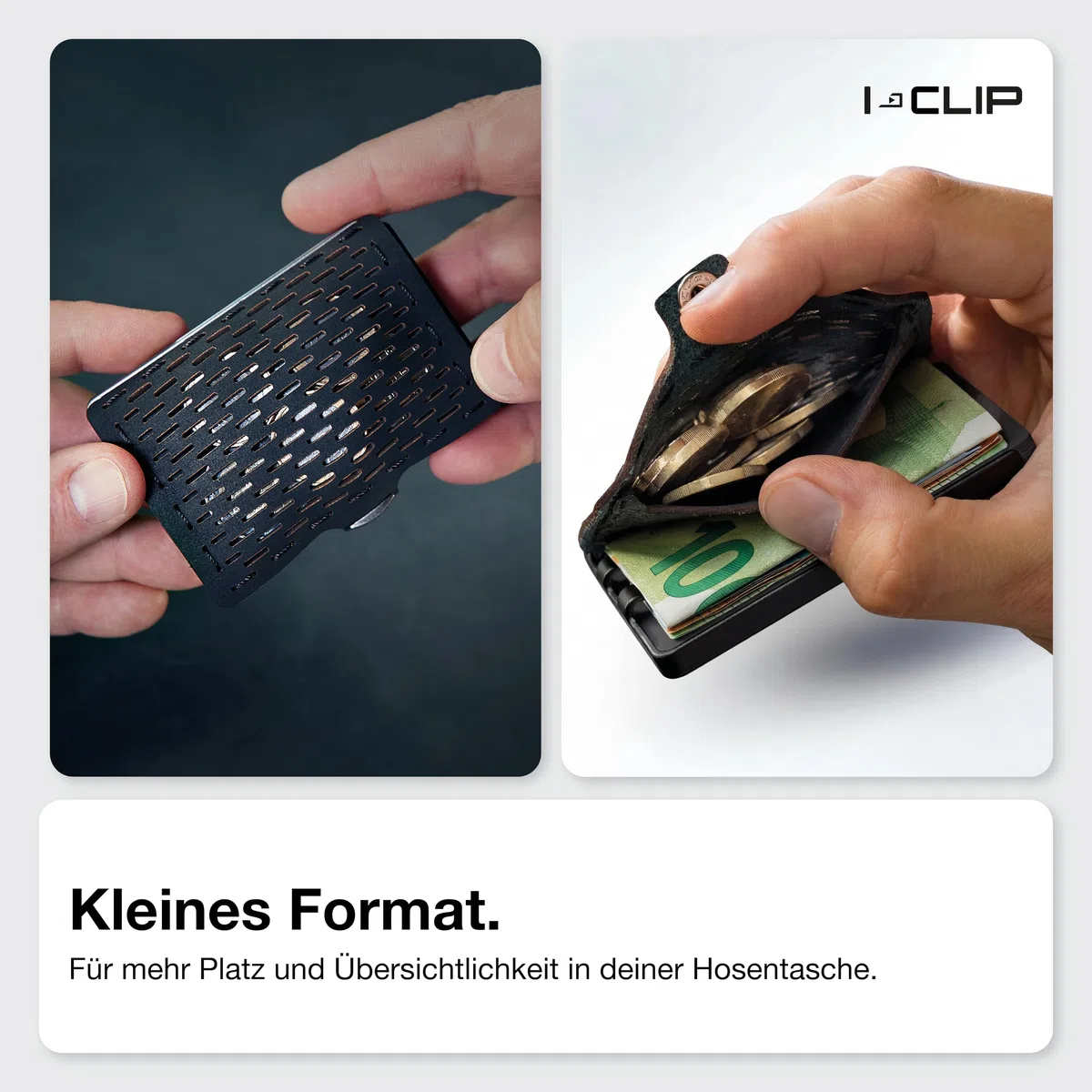I-CLIP Original Geldbörse mit Münzfach - Slim Wallet - Leder Geldbörse mit Geldklammer - Schwarz mit schwarzem Rahmen