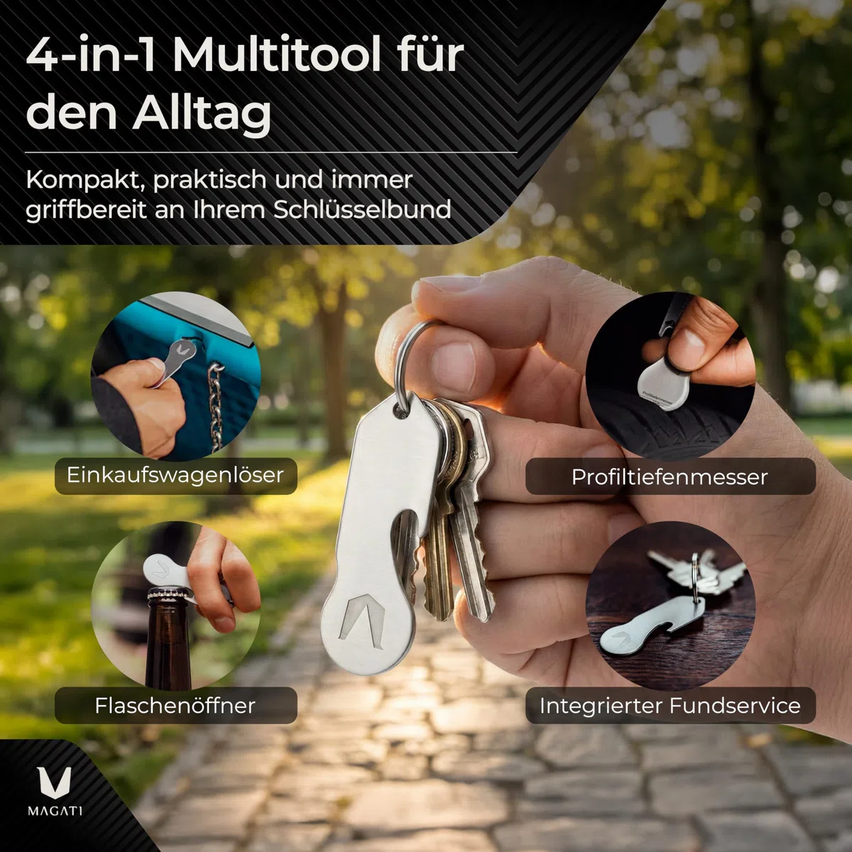 MAGATI Einkaufswagenlöser in hochwertiger Optik – Edelstahl Einkaufswagenchip mit Profiltiefenmesser, Flaschenöffner & Fundservice - 50 Stück