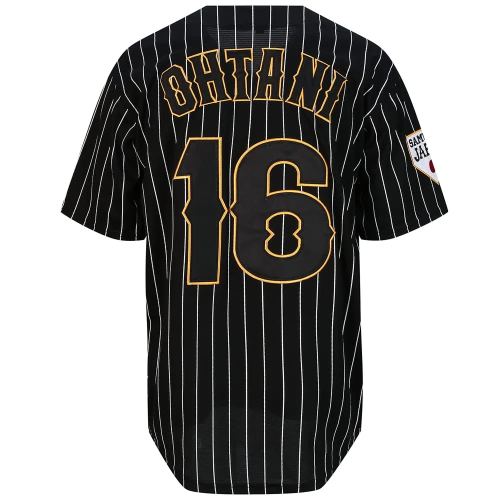 Herren Ohtani 16 Japan Baseball-Trikots in Weiß-Schwarz-Nadelstreifen