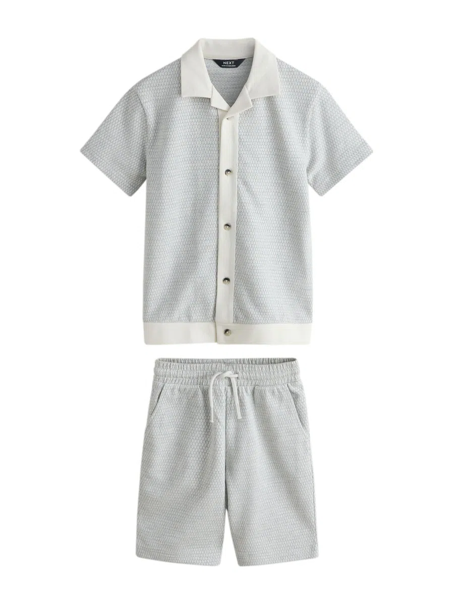 NEXT Jungen Durchgeknöpftes Hemd mit Revers und Shorts im Set