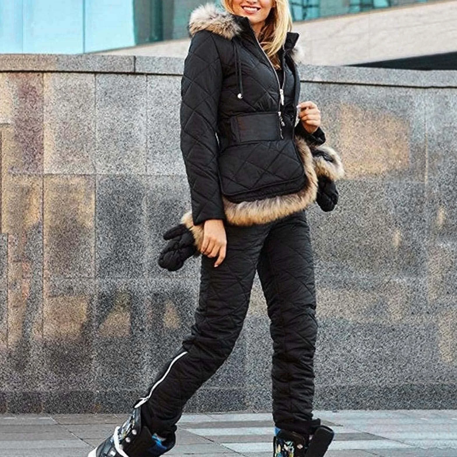 Damen Schneeoverall - Damen Schneeanzug + Skihandschuhe + Gürteltasche 3 teilig Skianzug Winter Warme Jumpsuit Schneeoverall Einteilig Skioverall mit Kapuze Reißverschluss Skianzüge