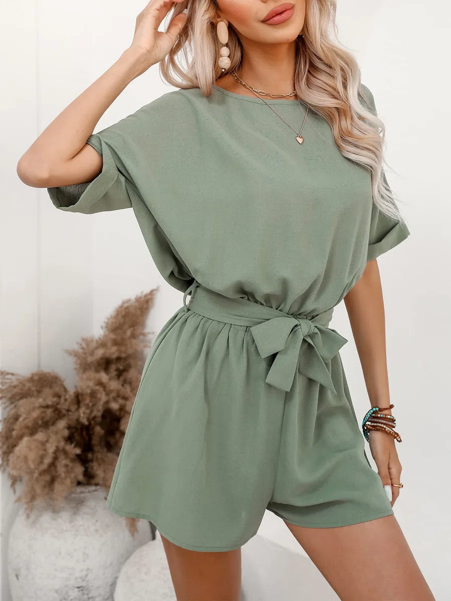 CUPSHE Damen Jumpsuit Rundhals Kurzarm Rückenschlitz Weites bein Kurz Romper mit Taillenschnürung Sommer Hosenanzug Playsuit