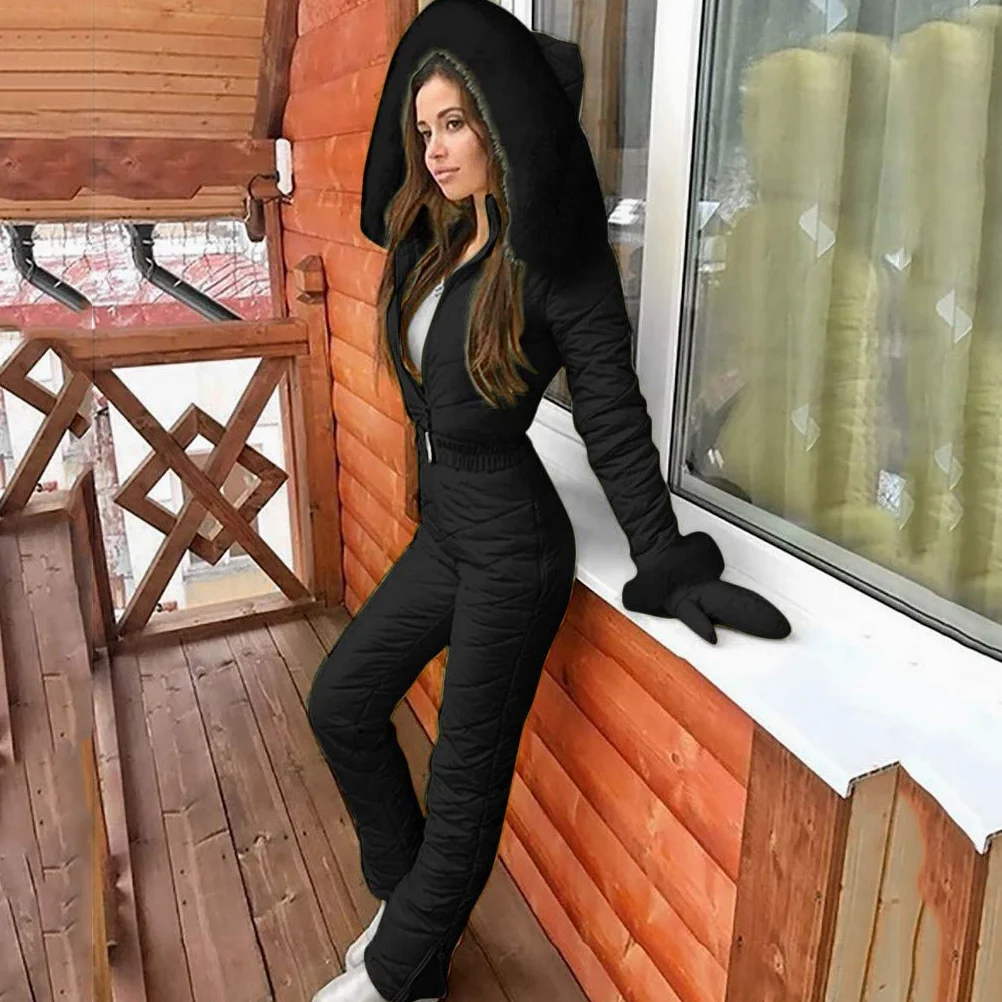 YueYue Damen Schneeanzug Einteiliger Skioverall Winter Warme Schnee Skifahren Sätze Outdoor Jumpsuit Langer Overall mit Kapuze Reißverschluss Skianzüge wasserdicht Einteiler Skisuit