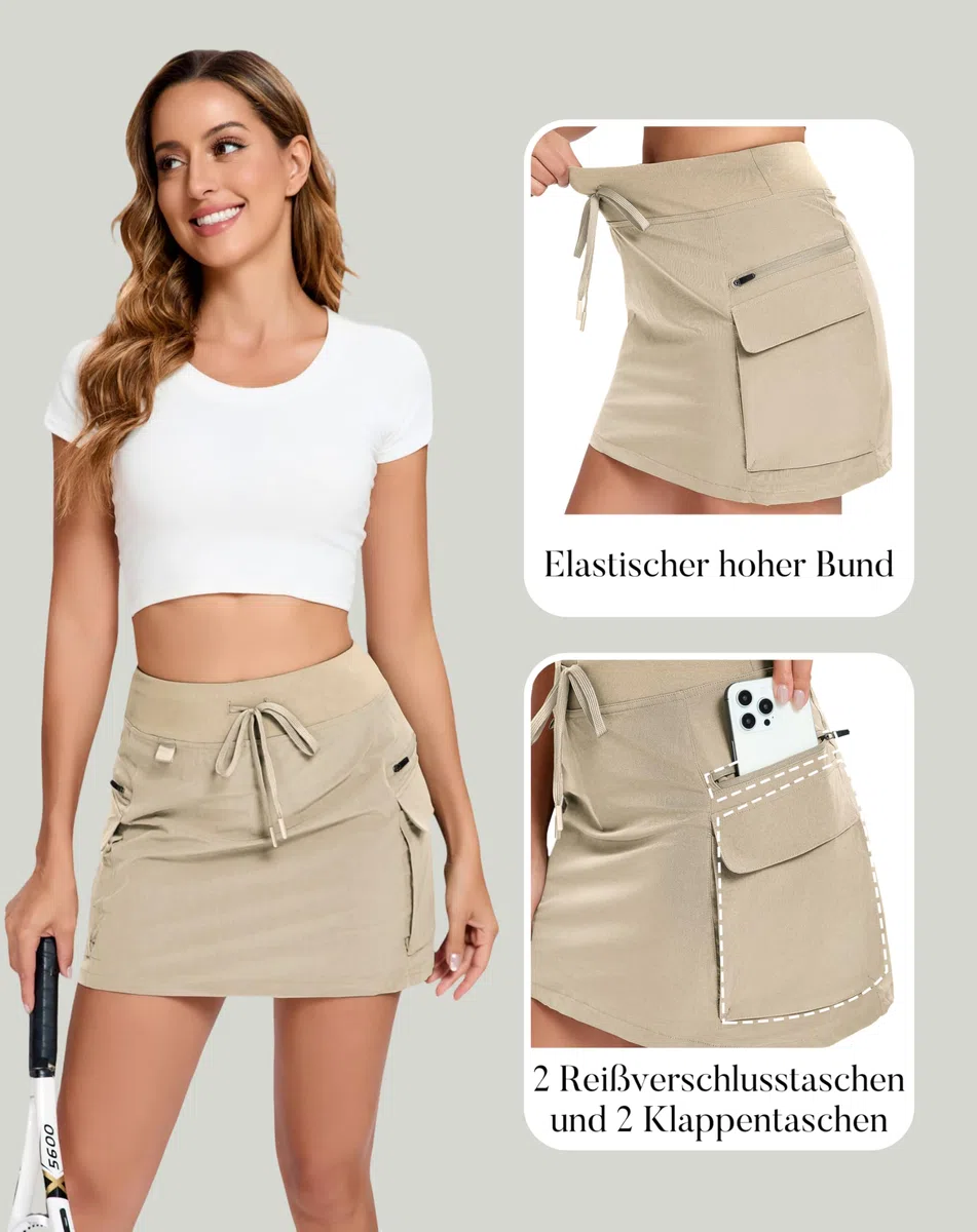 Timuspo Damen Cargo Rock mit Hose Drunter Schnelltrocknend Tennis Skort Elastischer Bund Sportrock mit 4 Taschen Wandern Urlaub Radfahren