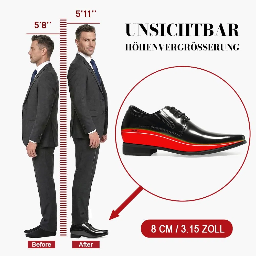 CHAMARIPA Herren Derby-Geschäftsschuhe mit 8 cm unsichtbarer Innenerhöhung | Obermaterial aus Vollnarbenleder, integrierte Erhöhungssohle, ideal für Büro, Hochzeit und Alltag