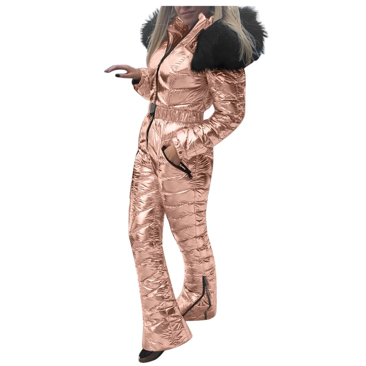 Generisch Ski Overall Damen Winter Skianzug Damen Große Größen Schneeanzug Mit Großem Pelzkragen Und Reißverschluss Skioverall Glänzendem Finish Schneeoverall Wasserdicht Winddicht Flaredhosen