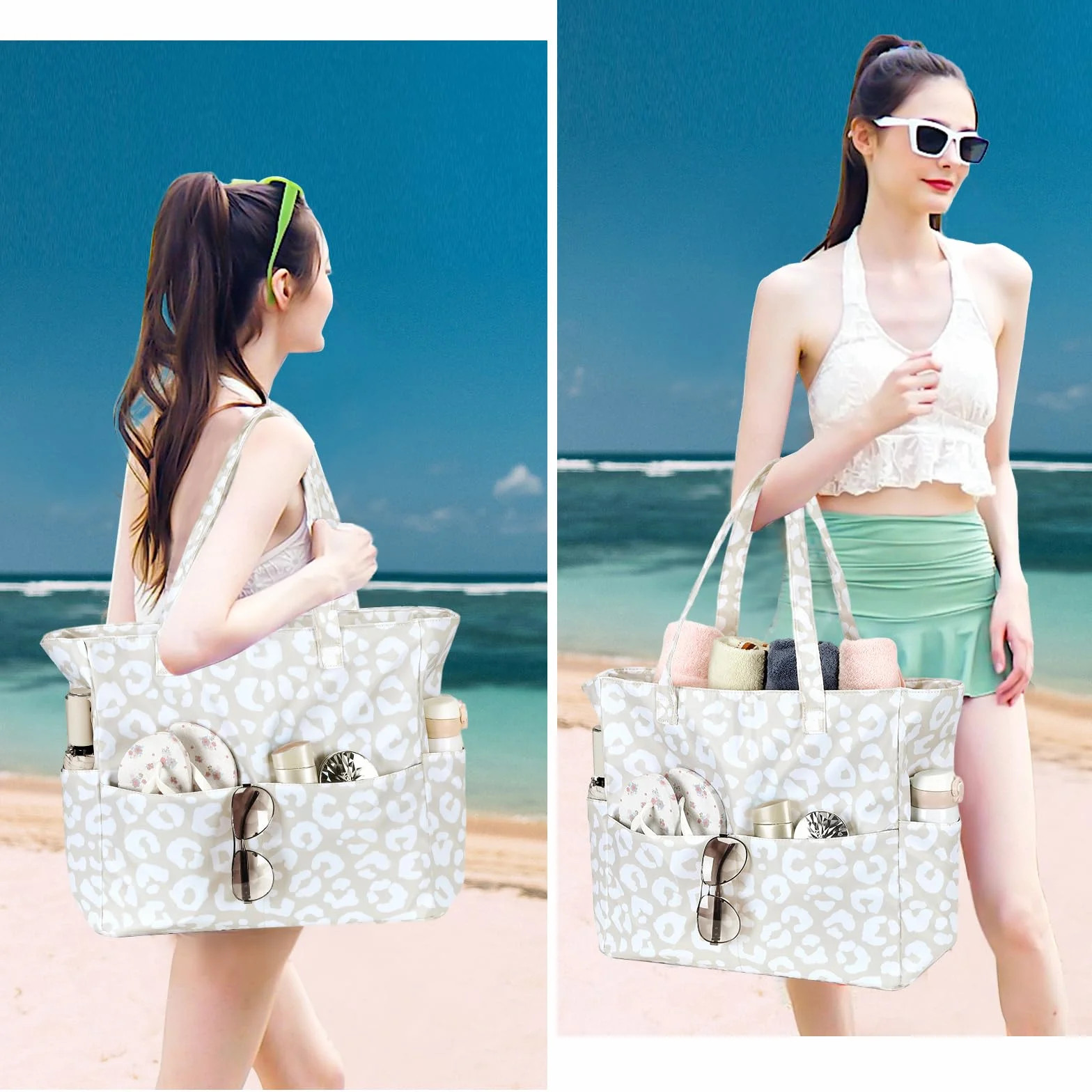 LEDAOU Strandtasche für Damen, wasserdicht, sanddicht, Strandtasche mit Reißverschluss, für Schwimmen, Fitnessstudio, Essen, Reisen, mit Nasstasche | Sanddicht