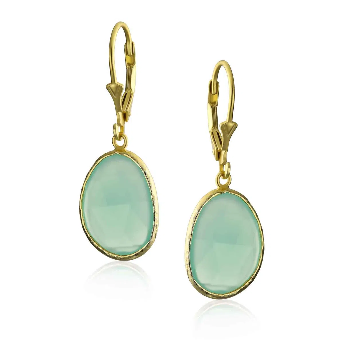 Eleganter Ovaler Facettierter Pastellstein Mit Hängefassung: Lever-Back-Ohrringe Und Halskette - Rosa, Aqua, Mintgrün, Simulierter Chalcedon, 14 Karat Vergoldetes .925 Sterling Silber