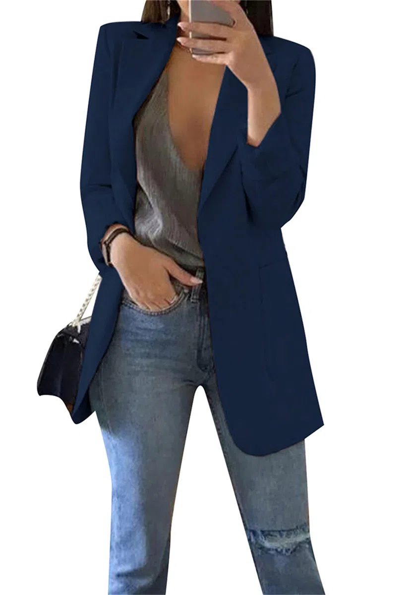 OMZIN Damen Elegant Langarm Blazer Sakko Einfarbig Revers Geschäft Büro Kurz Mantel Anzüge Bolero mit Tasche