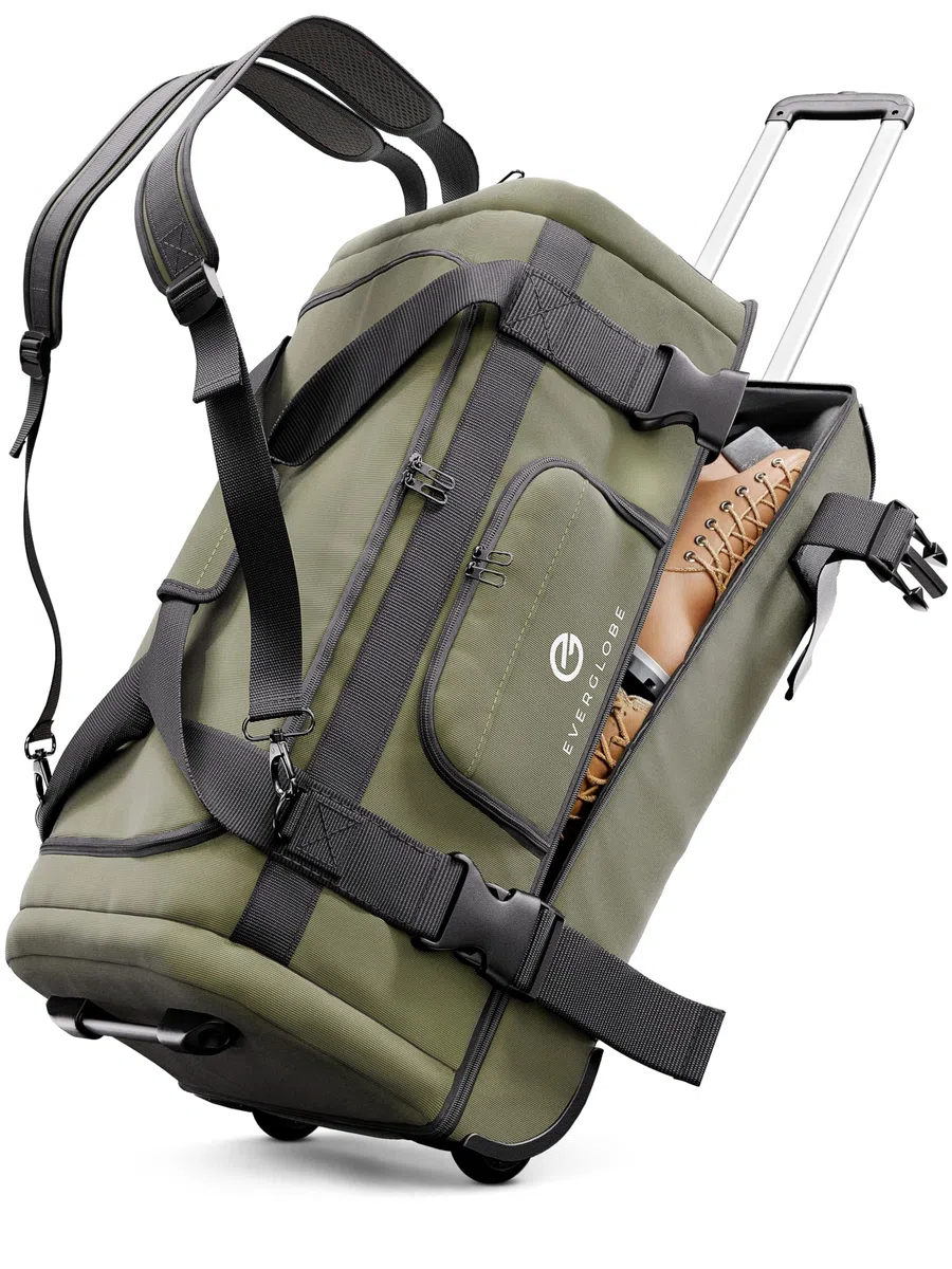 Reisetasche mit Rollen 120L Groß XXL [Khaki] 3in1 Luggage - Tasche, Trolley, Rucksack mit Rollen | Travel Bag, Reisetaschen für Herren & Damen, Reisetasche Herren | Rollkoffer oder Reise Tasche