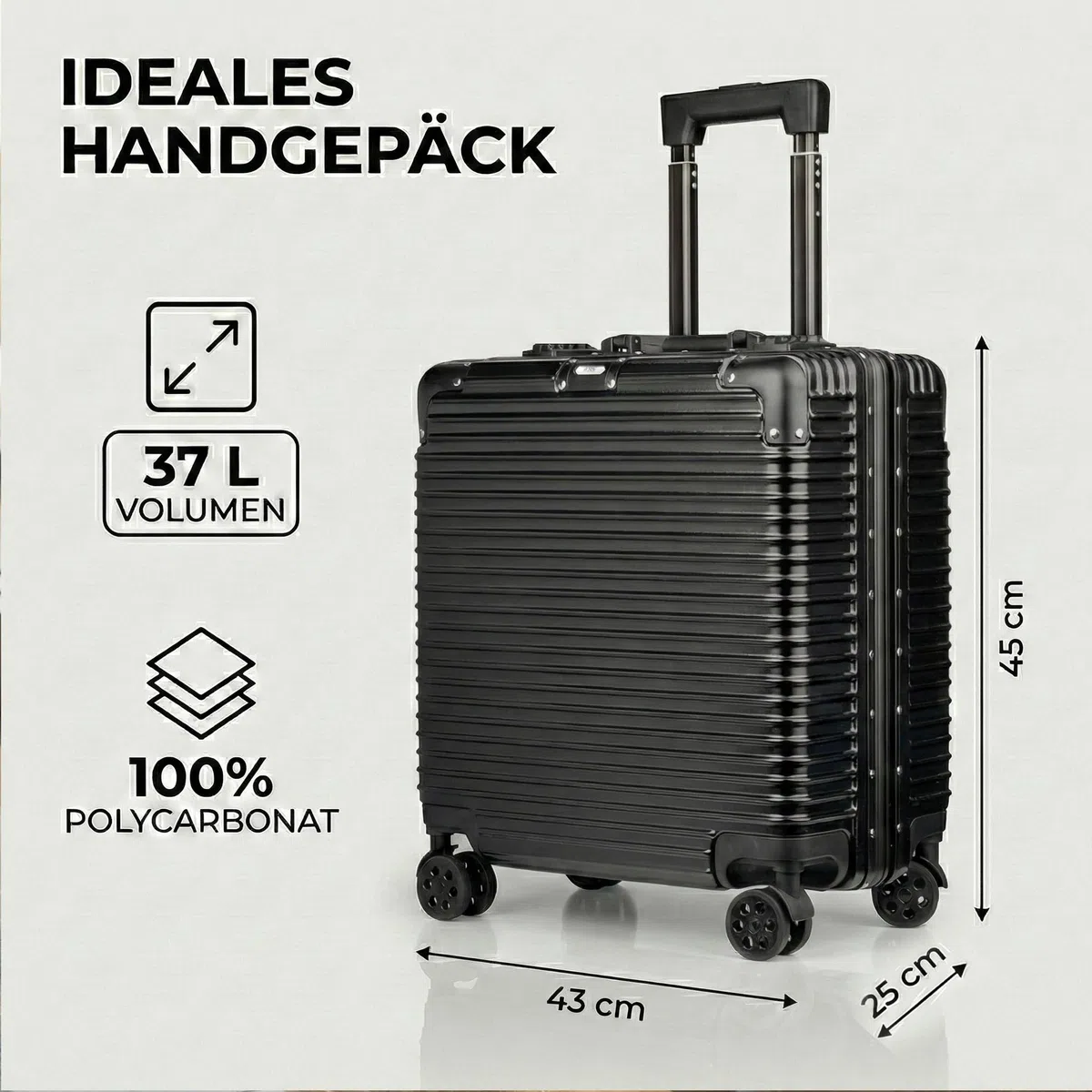 POSH Piloten Koffer Handgepäck Hartschale - Aluminium Rahmen & Schnappverschluss - 37L Business 45x43x25 cm Trolley 100% Polycarbonat - TSA Schloss, mit 4 Rollen