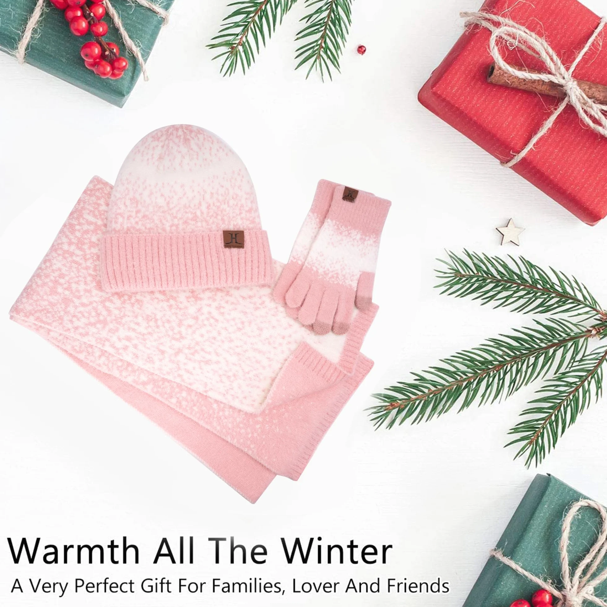 Damen Winter Warm Mütze Touchscreen Handschuhe und Lang Schal Set mit Fleece Gefütterte, Thermo Wintermütze Strickmütze Beanie Winterhandschuhe Strickhandschuhe Schals Frauen Geschenk Weihnachten