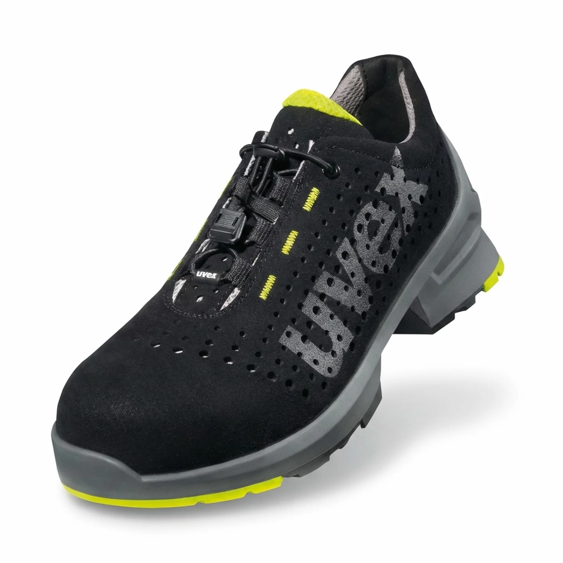 Uvex 1 S1 Sicherheits-Halbschuh gelocht - metallfrei, atmungsaktiv, ESD Arbeitsschuh, Rutschhemmende PU-Sohle SR, schwarz/Lime - W11