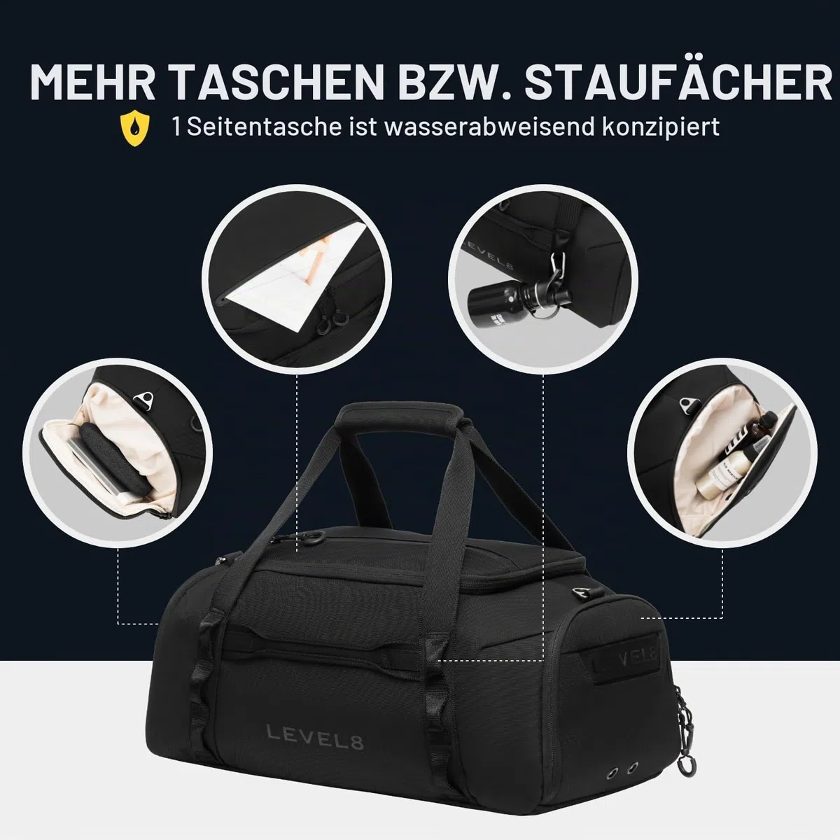 LEVEL8 Reisetasche Weekender, Faltbare Tasche& Sporttasche Große Reisetasche für Herren und Damen mit Schultergurt, Klein Faltbar 30L,Cabin Bag,50x24x25cm(Schwarz)