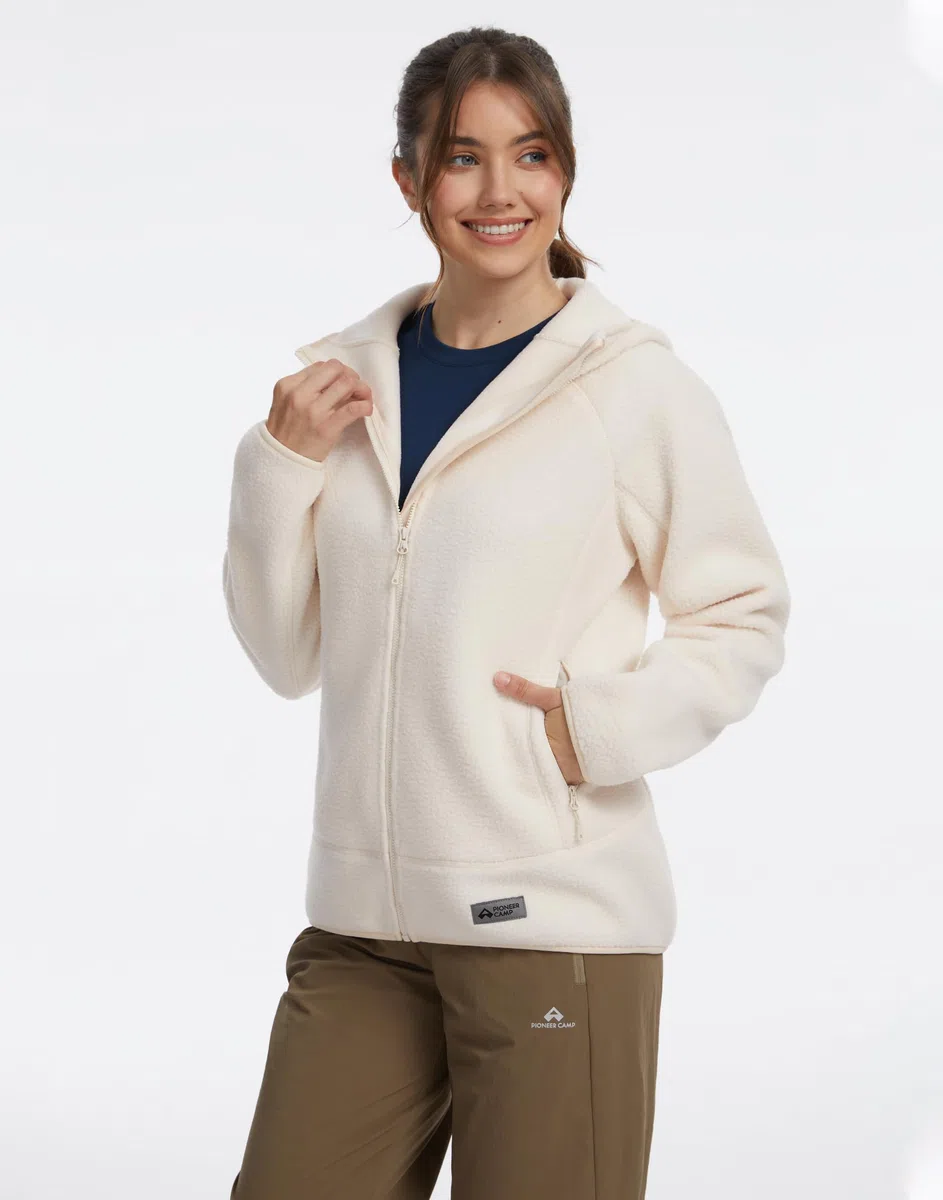 Pioneer Camp Damen Outdoor Fleecejacke mit Kapuze, Dreifach Isoliert, Seitentaschen, Dehnbarer Saum für Wandern, Camping