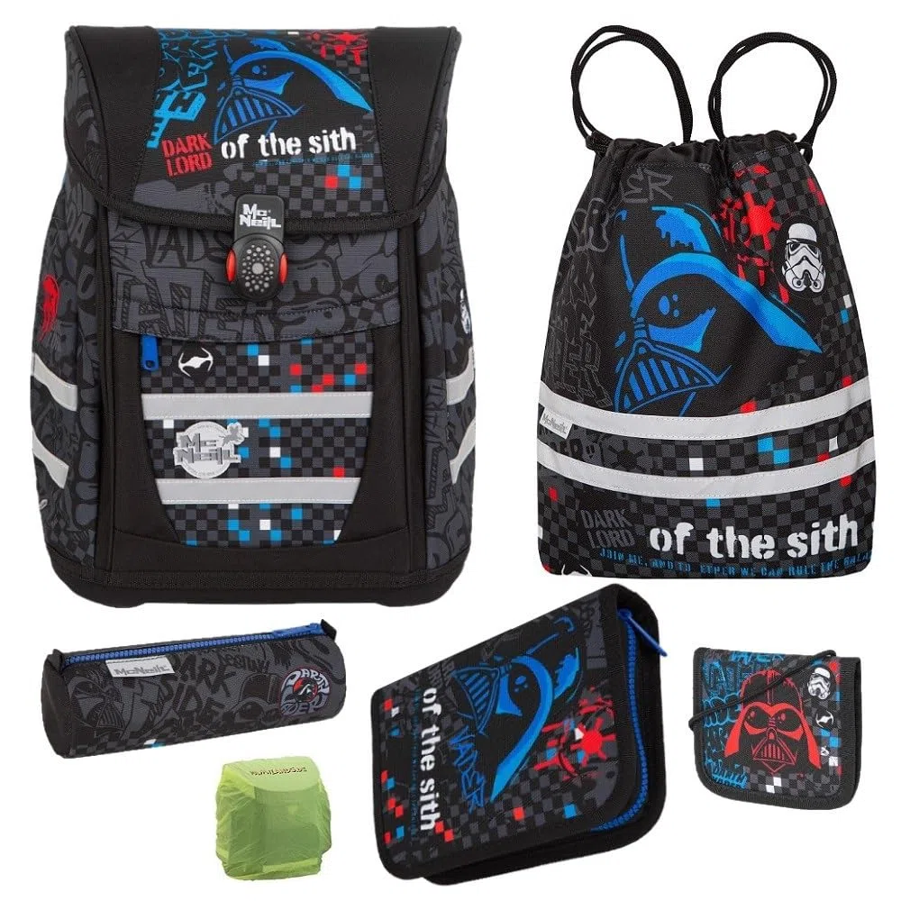 Familando - McNeill Teneris Schulranzen Set - 6-teilig mit Federmappe - Star Wars Darth Vader - Ergonomisch & mit Brustgurt - 980g leicht mit 18L Volumen & Reflektoren - ab 1. Klasse