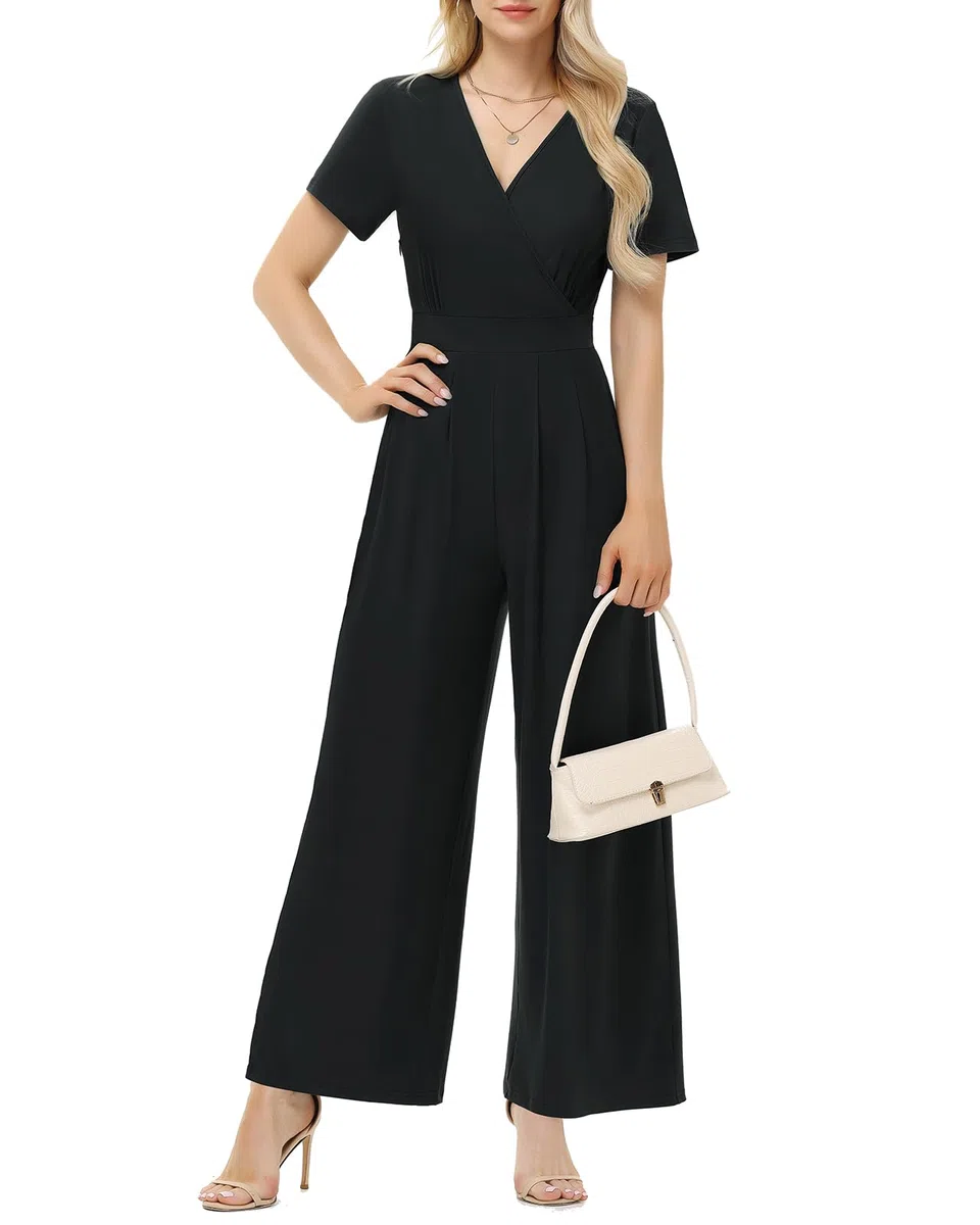 Tanmolo Damen Jumpsuit Elegant Sommer Kurzarm V-Ausschnitt Overall Weites Bein Romper Mit Taschen