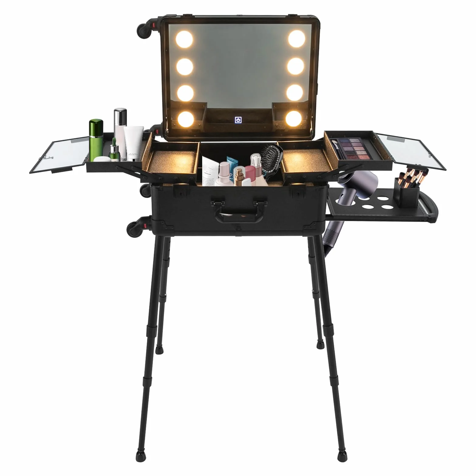 Kosmetikkoffer Trolley Schminkkoffer mit 8 LED Lampe Spiegel, 21 Inch Makeup Trolley Case mit Rollen, Schminkkoffer Profi mit Verstellbare Beine