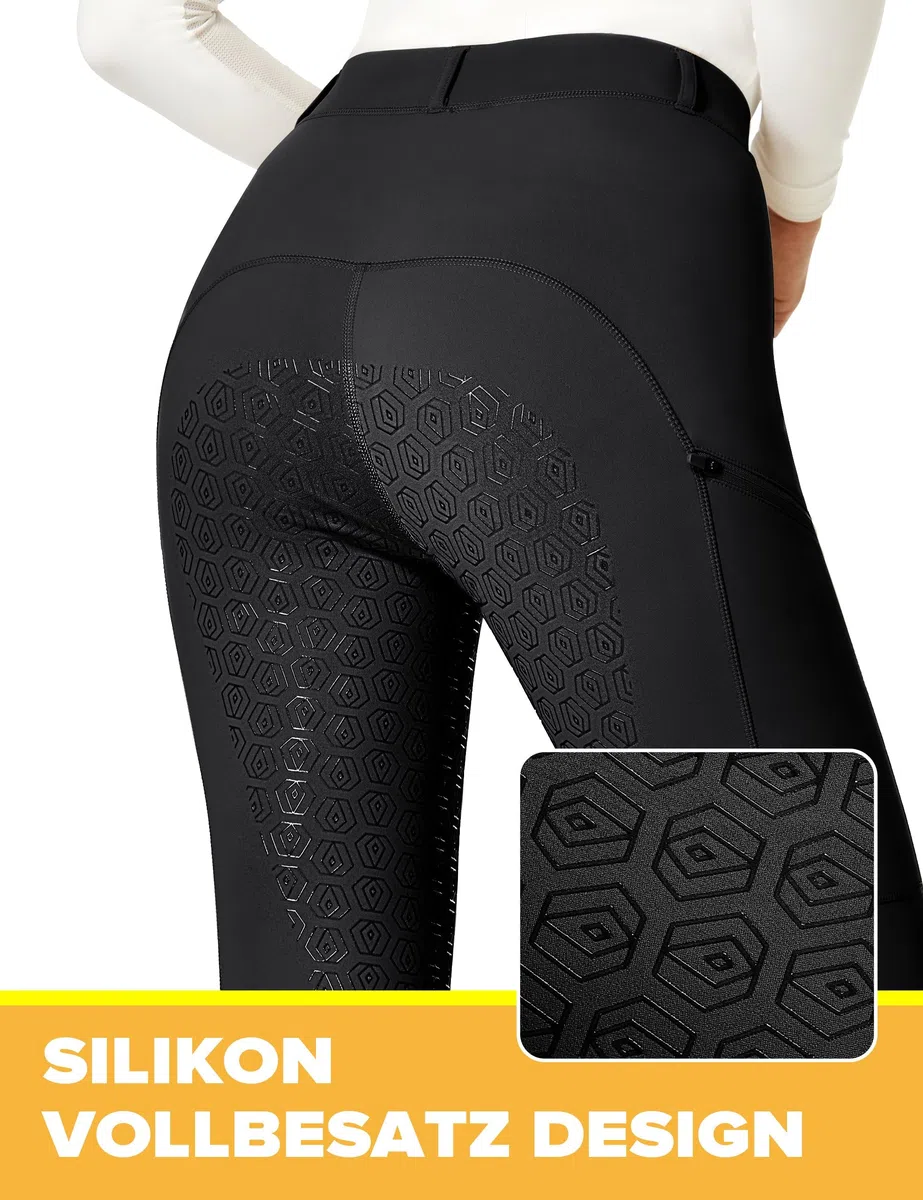 FitsT4 Sports Reitleggings Damen Reithose Silikon vollbesatz mit Handytasche und Gürtelschlaufen für Reitsport Pferdetraining