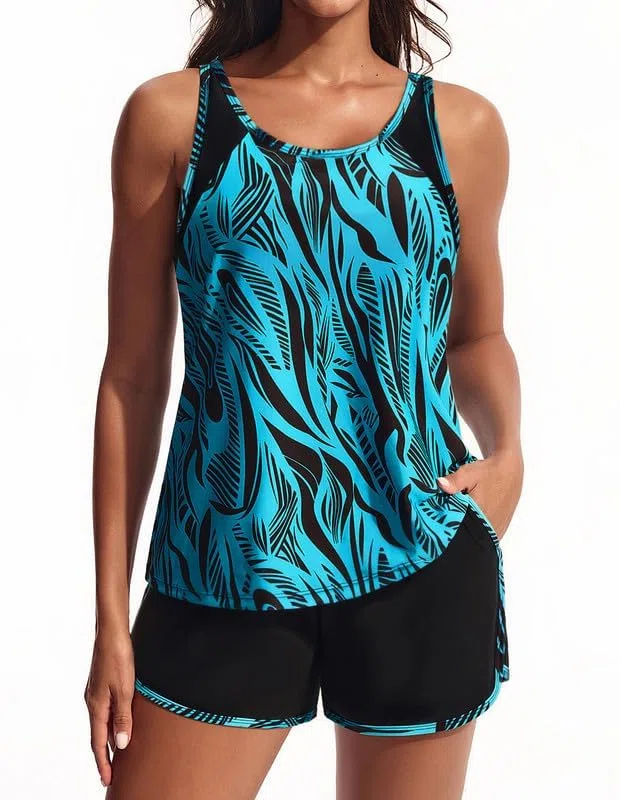 Hanna Nikole Tankini Damen Set Badeanzug Bauchweg Zweiteilig Push Up Eingearbeiteter BH Bademode und Eingearbeitetes Höschen High Waist Badeshorts Mit Taschen Verstellbare Schwimmanzug