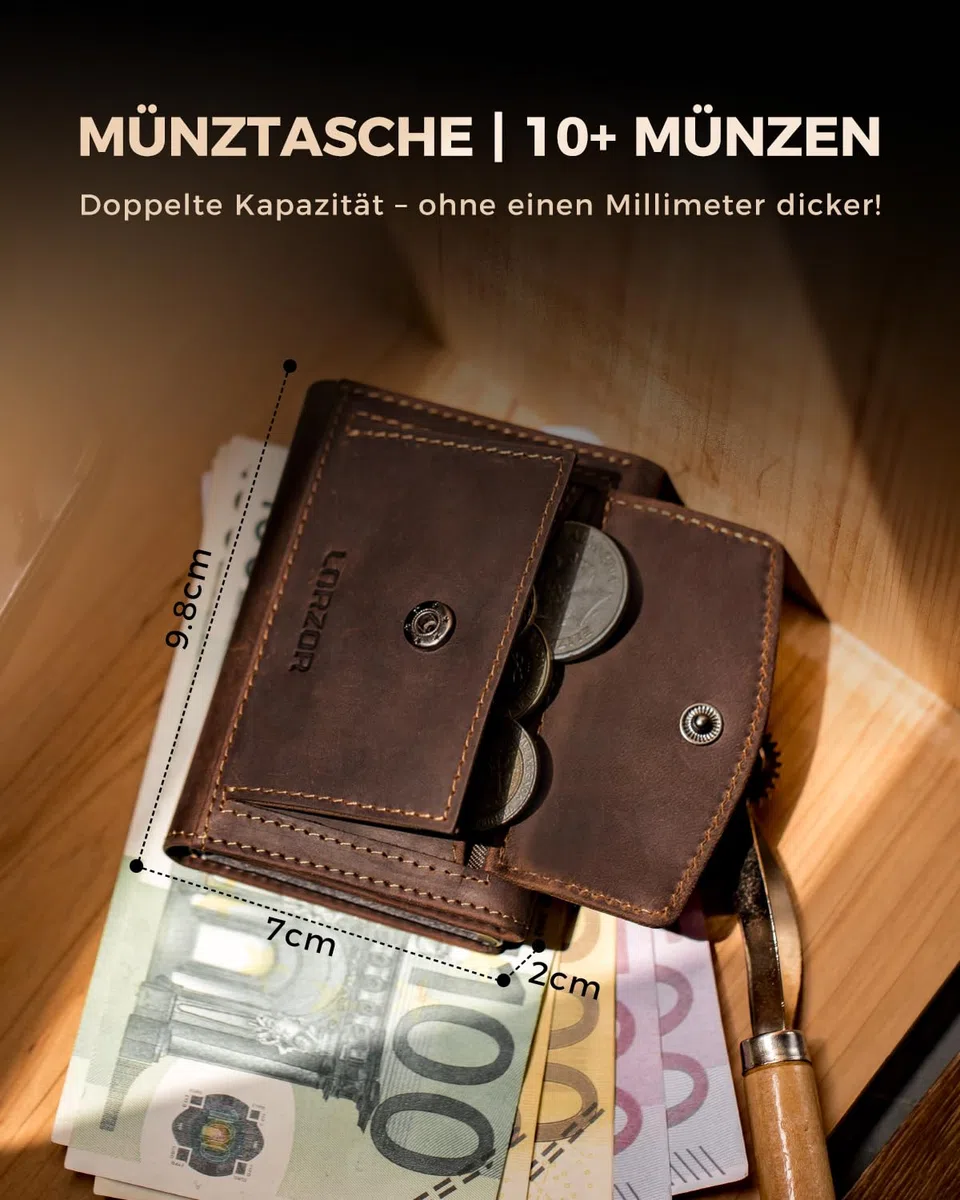 LORZOR Slim Wallet mit XXL-Münzfach für 10+ Münzen, Kartenetui Herren RFID Schutz, Echtleder Portmonee, Geldbörse Herren, Geldbeutel, Brieftasche, Smart Wallet, Kreditkartenetui für 10 Karten