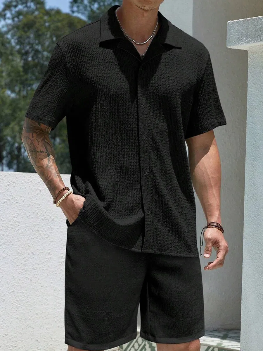 Herren 2-Teiliges Set Sommer Jogginganzug Outfit - Kurzarm Hemd und Kurze Hose - Casual Männer Atmungsaktiver Trainingsanzug Freizeitanzug für Urlaub & Strand