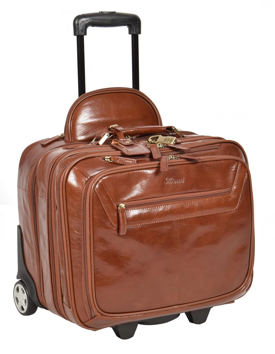 Echtes Leder Pilotenkoffer auf Räder Flug Arbeit Laptop Trolley Kabine Tasche HLG891 Kastanie