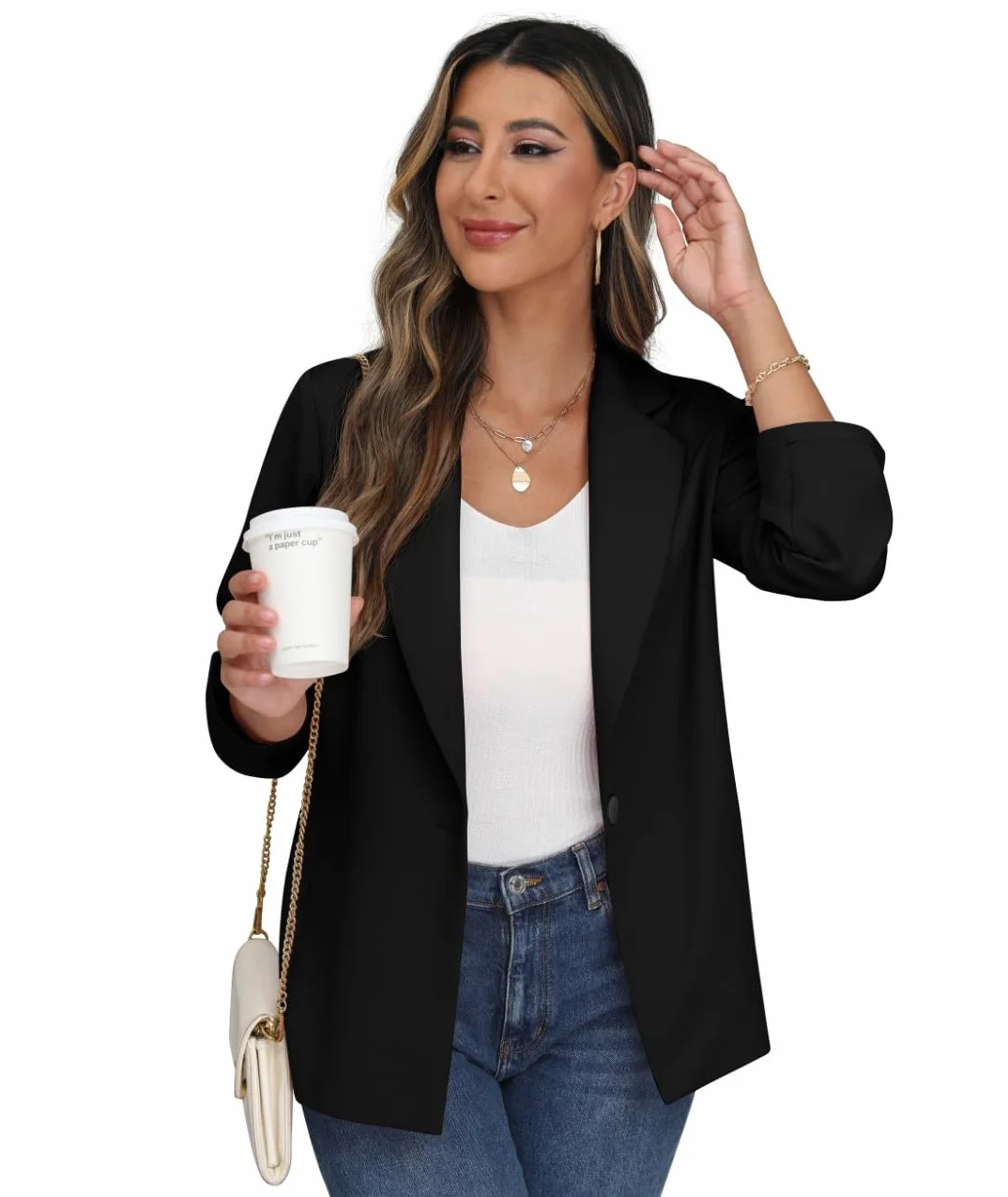 PrinStory Blazer Damen Büro Longblazer Verstellbare Ärmel Revers Blazer Sportlich Elegant Jack