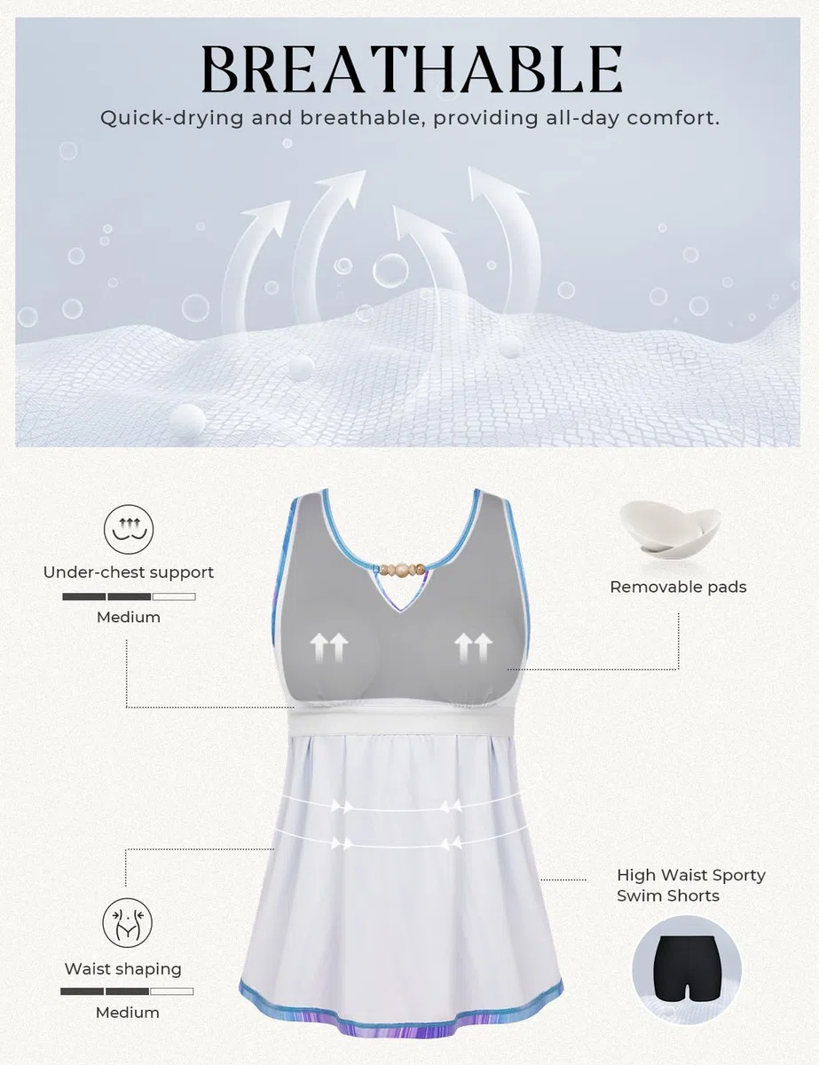 Hanna Nikole Tankini Damen Badeanzug, Bauchweg Zweiteiliger Bademode Set, Push Up Tank Oberteil mit Badeshorts, Sport Badeanzug für Damen Sportliche Strandmode