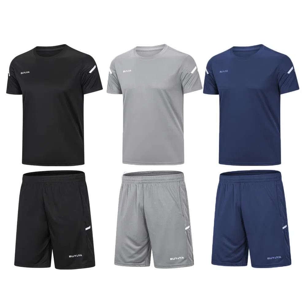 BUYJYA Herren-Trainingskleidung, athletische Shorts und Shirt-Set, 3er-Pack, für Basketball, Fußball, Training, Laufen, Fitnessstudio