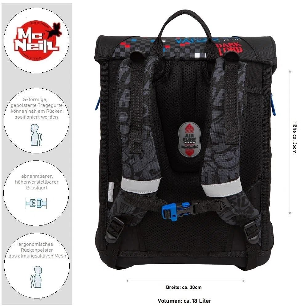 Familando - McNeill Teneris Schulranzen Set - 6-teilig mit Federmappe - Star Wars Darth Vader - Ergonomisch & mit Brustgurt - 980g leicht mit 18L Volumen & Reflektoren - ab 1. Klasse