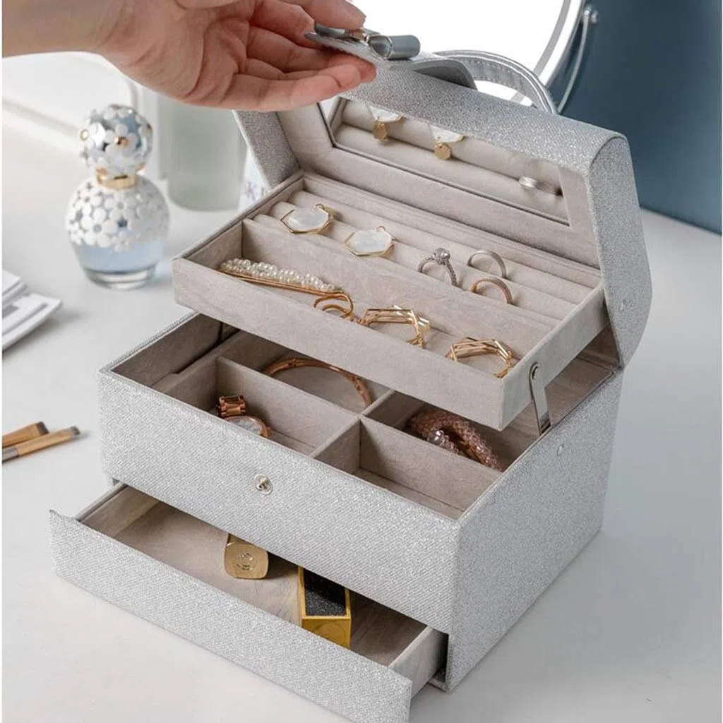 schmuckkästchen Schmuckkiste 3 Schicht Tragbare Schmucksachen Organizer Box Große Kapazität Schmuck Aufbewahrungsbox Pu. Leder Schmuckhalter Silber Mädchen und Damen