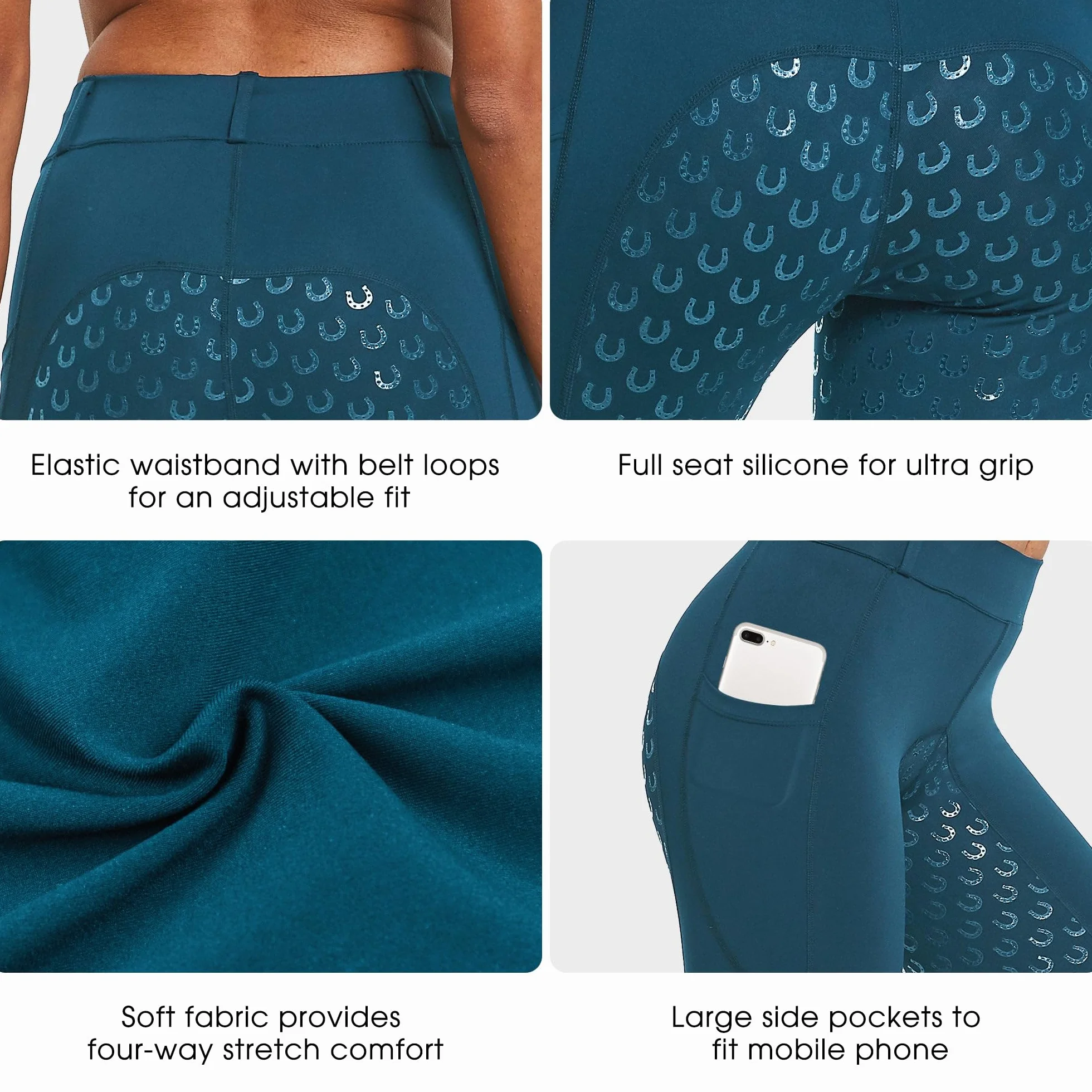 FitsT4 Sports Damen Reitleggings Silikon Vollbesatz Reithose mit Handytasche und Gürtelschlaufen