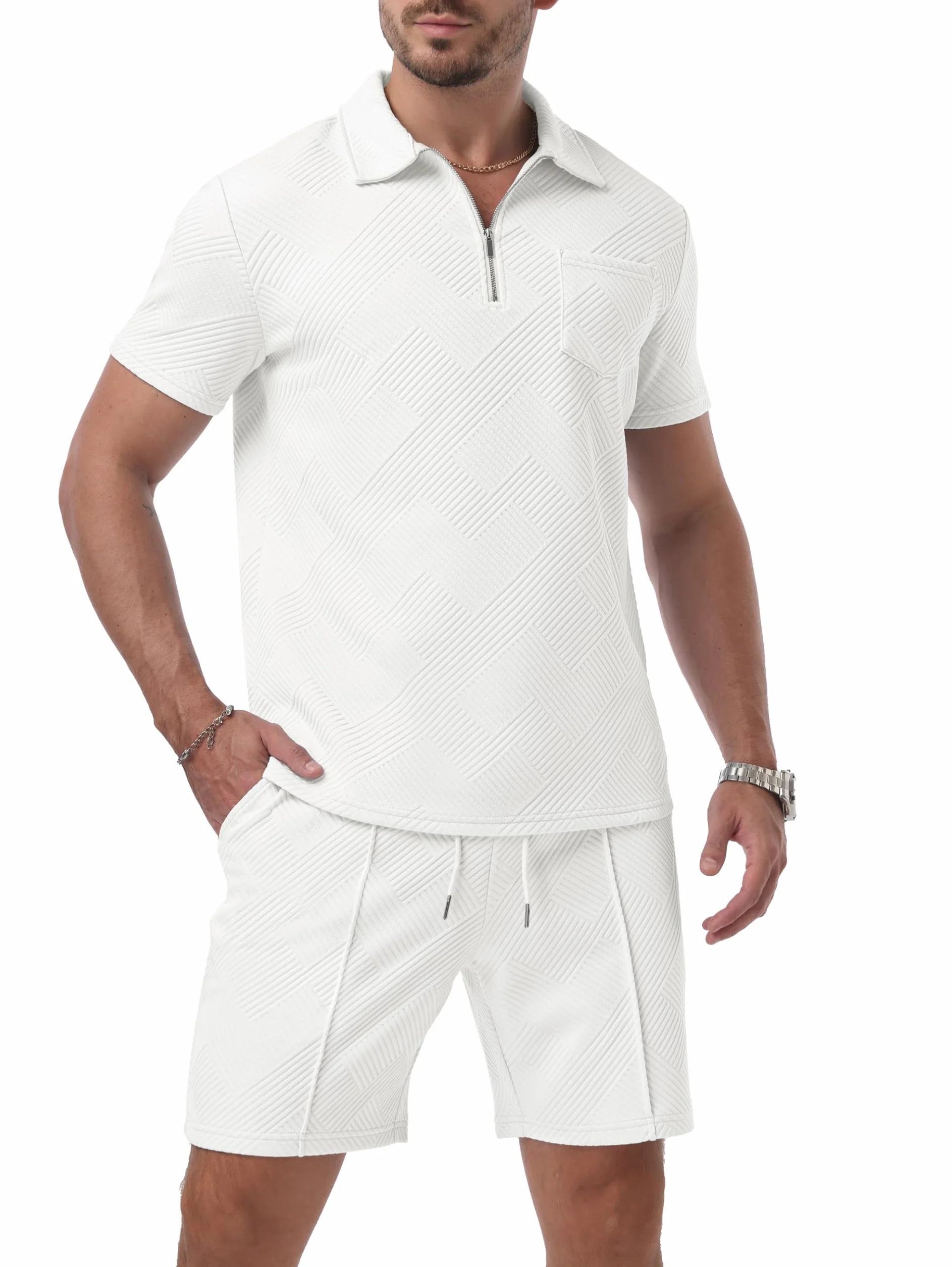 QIXING Herren Sommer Outfit 2-Teiler Polo Hemd & Shorts Set Halbreißverschluss Freizeit Anzug Kurz 2026