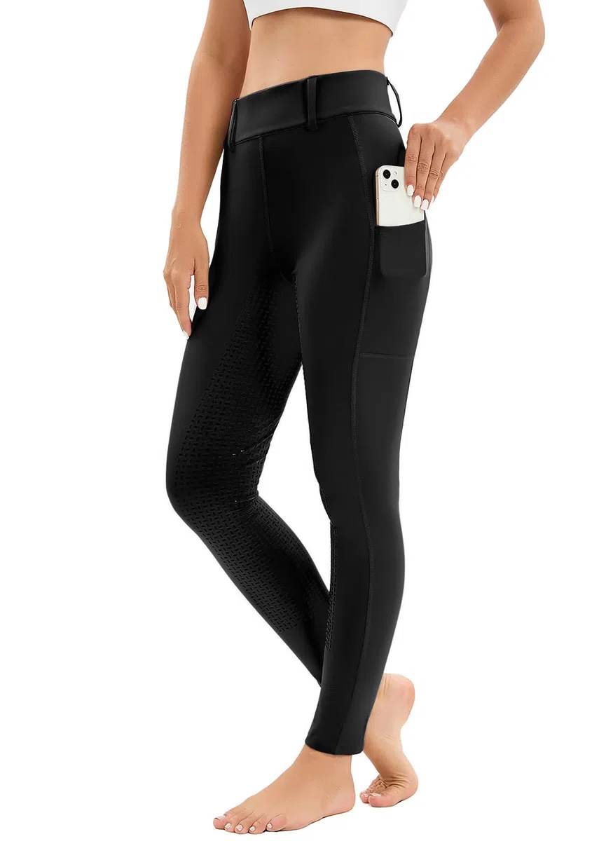 Reitleggings Damen Vollbesatz mit Handytasche, High Waist Reithose Damen Mädchen Stretch mit Gürtelschlaufen