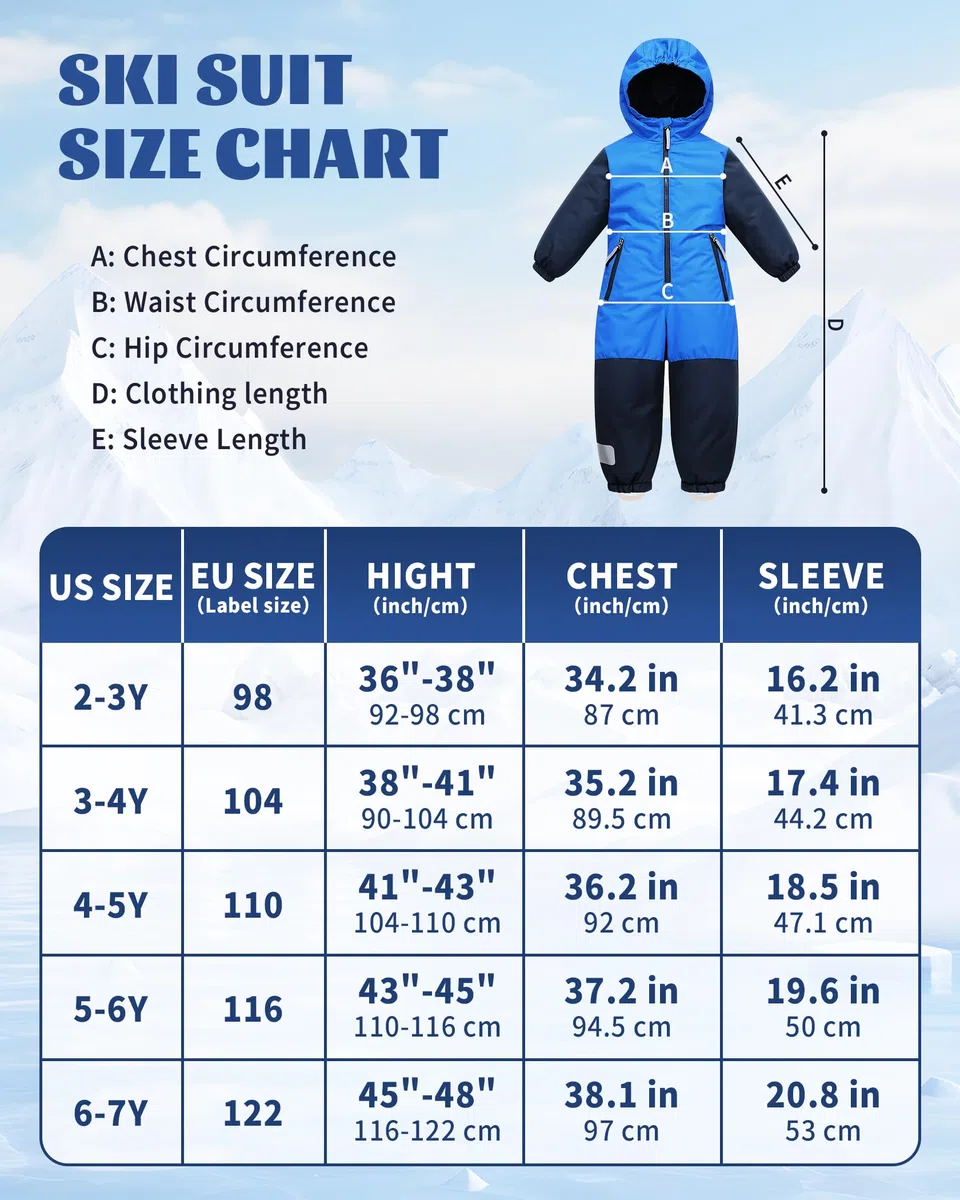 Owntop Schneeanzug Kinder Unisex, Schneeoverall Mädchen Jungen, Winddicht Wasserdicht Skianzug mit Kapuze Reißverschluss (Blau,98)