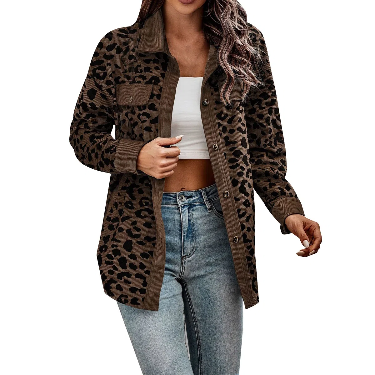 Generisch Damenbekleidung Damen Button-Down-Hemden mit Langen Ärmeln, übergroße Cordhemden mit Leopardenmuster, Lange Ärmel, Jacken, Mäntel mit Taschen Damen Mantel Hochzeit (Brown, XXL)