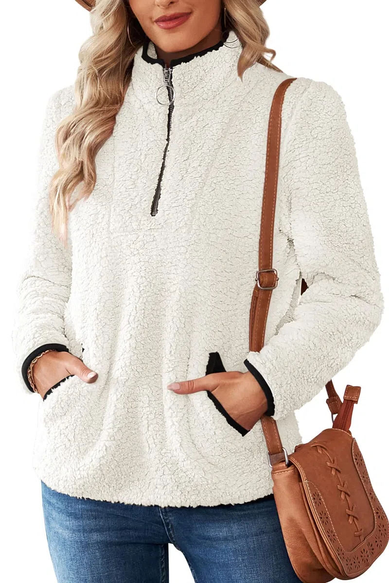 Pullover Damen Fleecepullover Teddyjacke Teddy Flauschiger Teddyfleece Jacke Kuschelpullover Winterjacke Fleecejacke Plüschjacke Kuscheljacke Kapuzenpullover Winter Mit Taschen Top