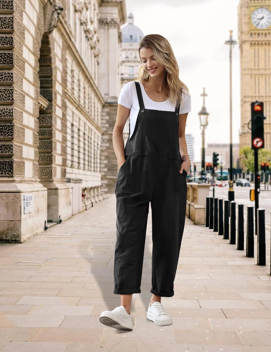 YESNO Damen Latzhose Sommer Oversize Trägerhose Beiläufig Loose Bib Pants Overall Baggy Jumpsuit Strampler Sommerhose mit Träger PV9DE