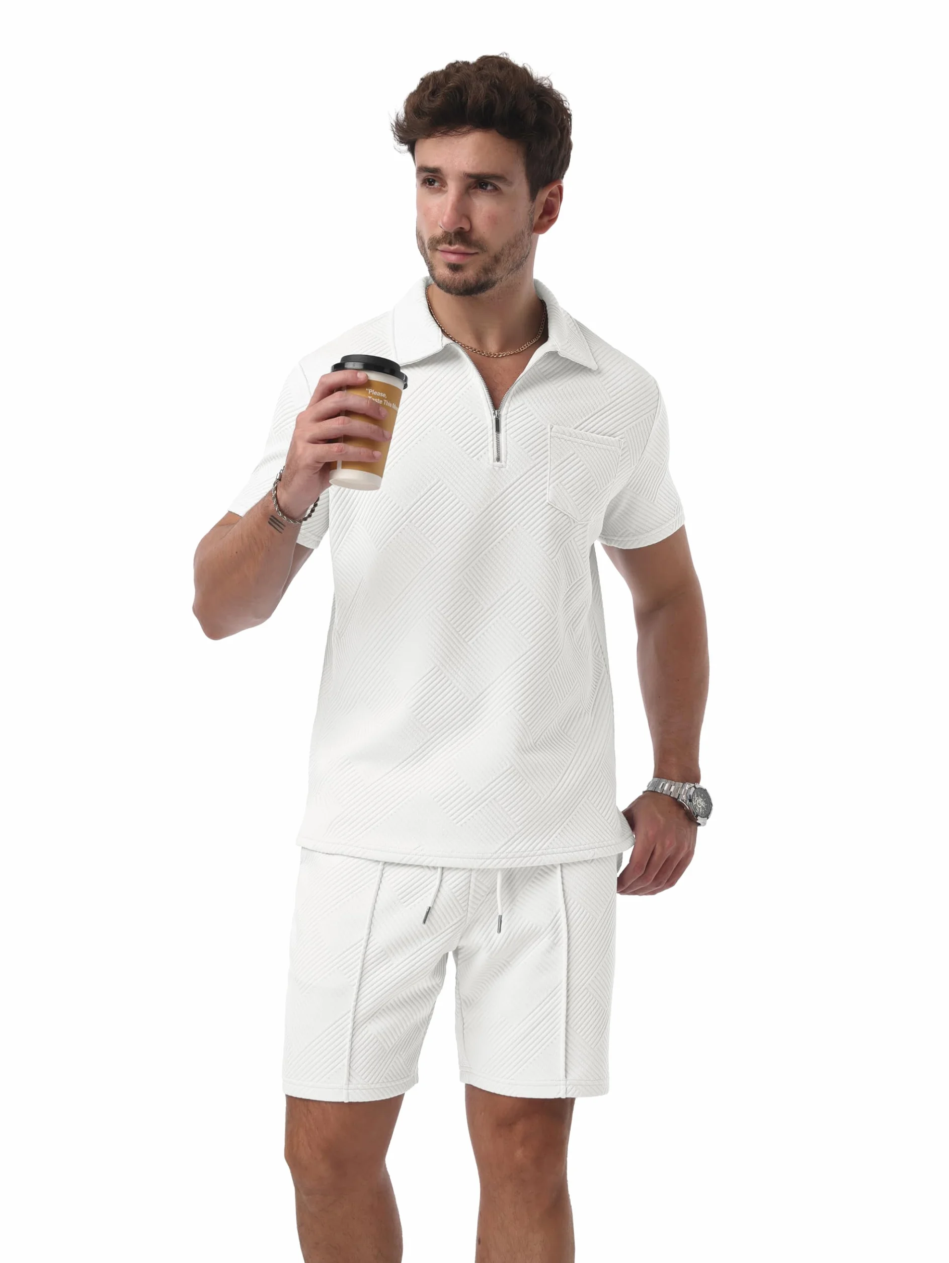 QIXING Herren Sommer Outfit 2-Teiler Polo Hemd & Shorts Set Halbreißverschluss Freizeit Anzug Kurz 2026