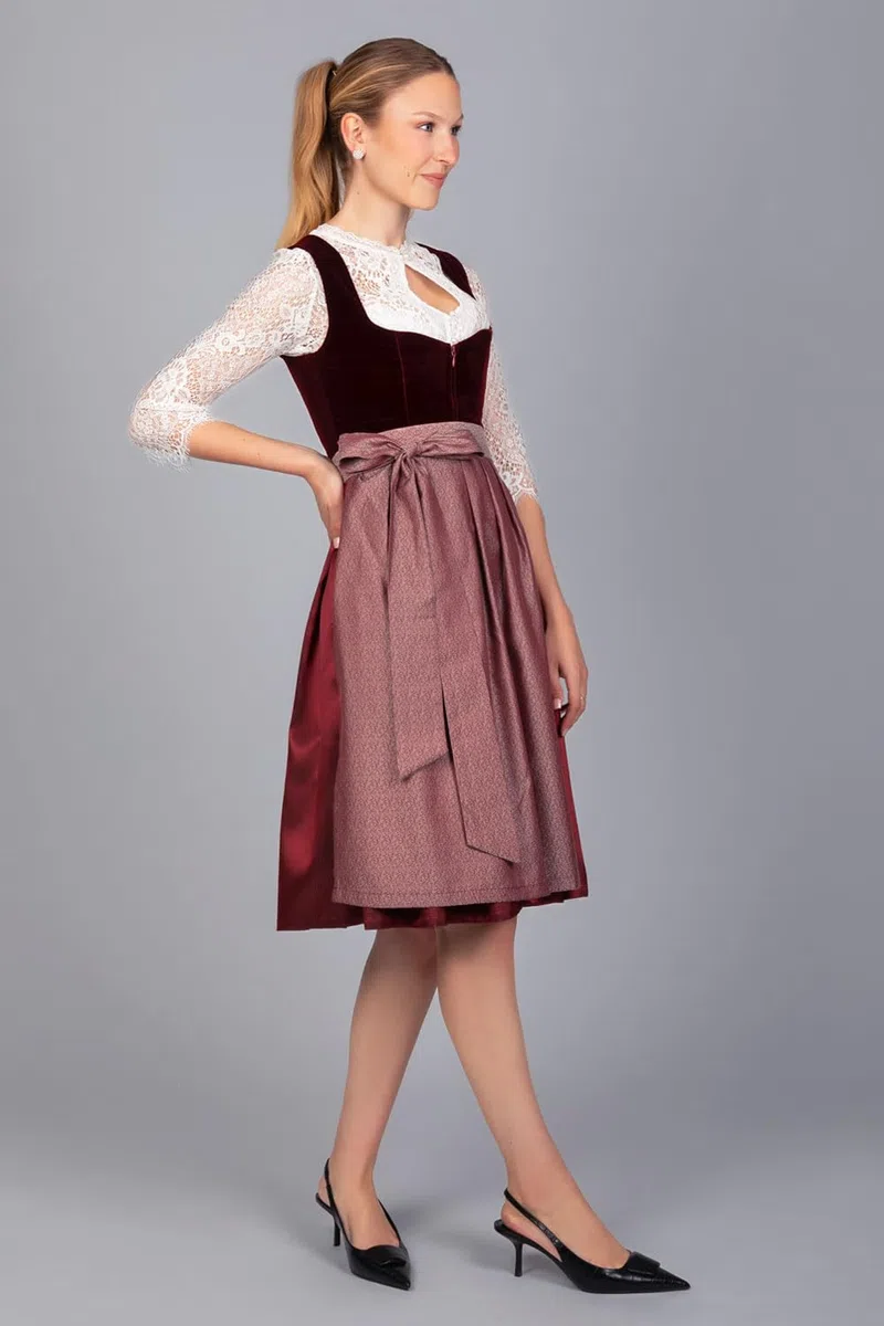 Edelnice Trachtenmode Exklusives Designer Midi Dirndl Lilly Samt rot inkl. Dirndlschürze Gr. 32-54