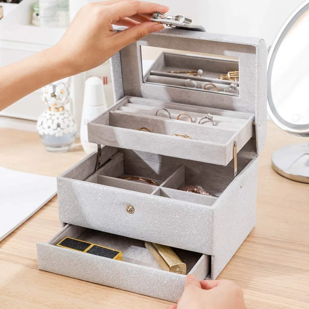 schmuckkästchen Schmuckkiste 3 Schicht Tragbare Schmucksachen Organizer Box Große Kapazität Schmuck Aufbewahrungsbox Pu. Leder Schmuckhalter Silber Mädchen und Damen