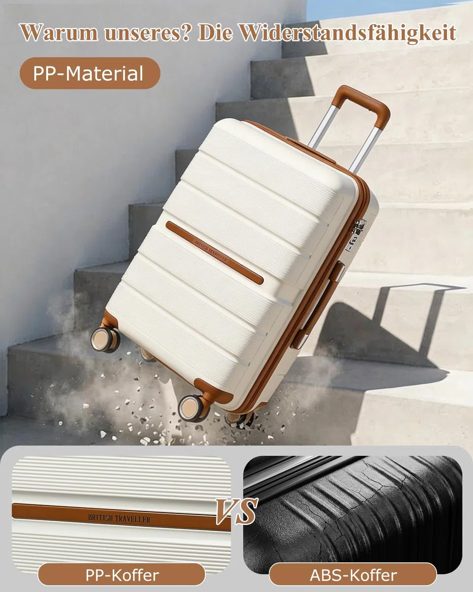British Traveller Reisekoffer Groß Koffer Trolleys Groß Hartschalenkoffer 100% PP Handgepäck Koffer mit 8 Spinnerräder Rollkoffer 76 * 49.2 * 31cm Suitcase TSA-Schloss Neu Beige