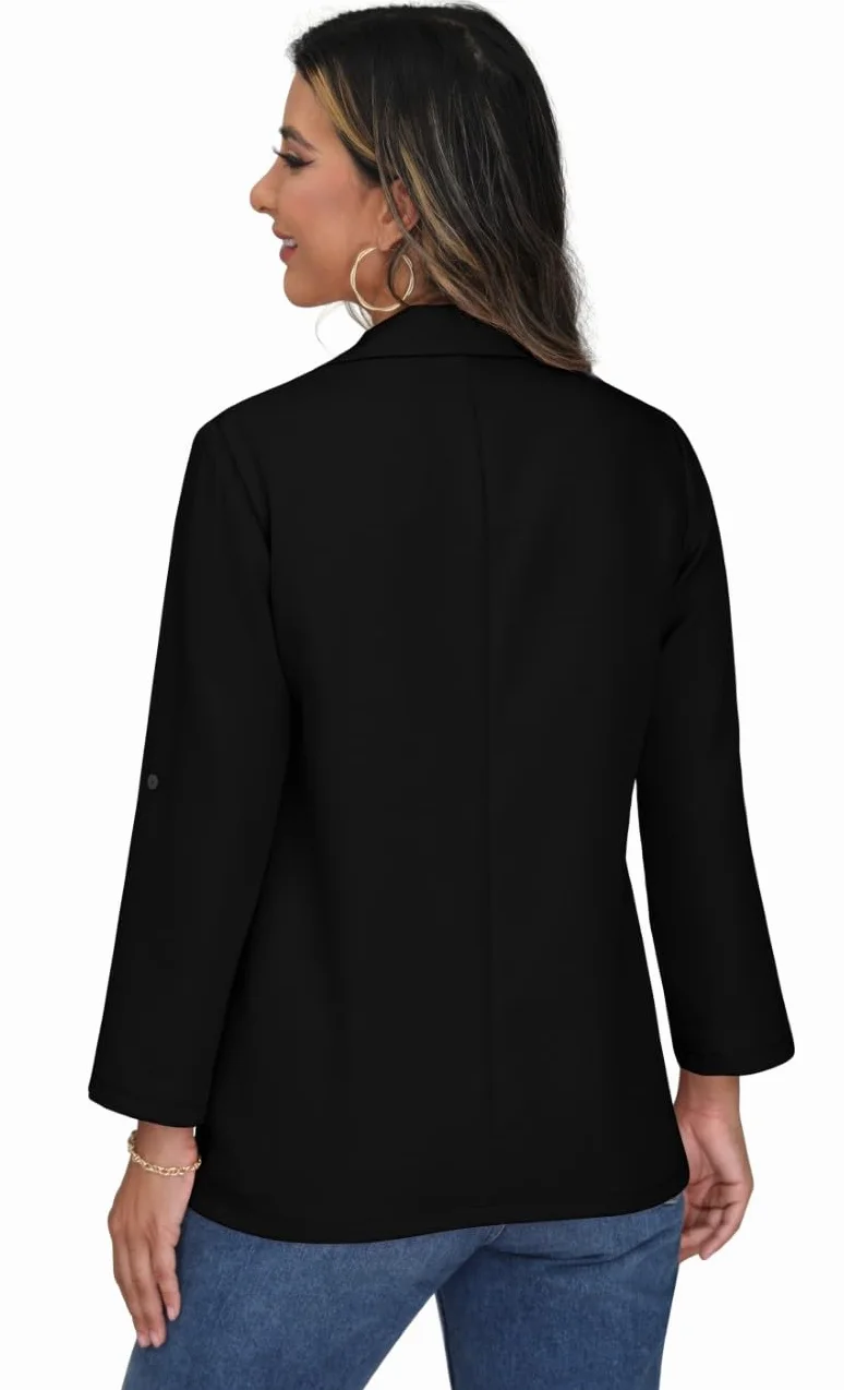 PrinStory Blazer Damen Büro Longblazer Verstellbare Ärmel Revers Blazer Sportlich Elegant Jack