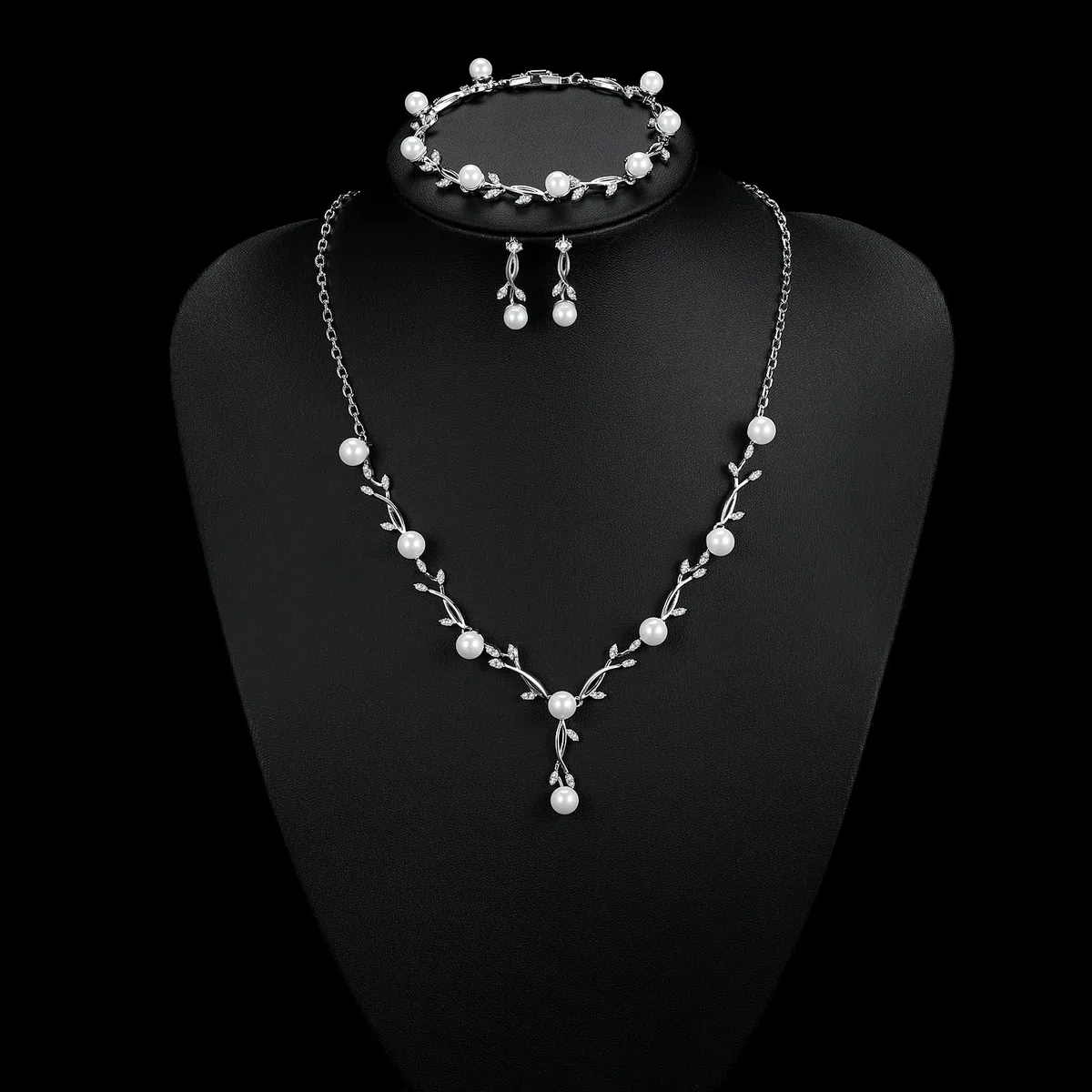 Hochzeit Schmuckset Silber Damen, Halskette Armband Ohrringe in Form eines Blattes mit Perlen und Zirkonia, Hochzeitstag Geschenke für Braut Frauen