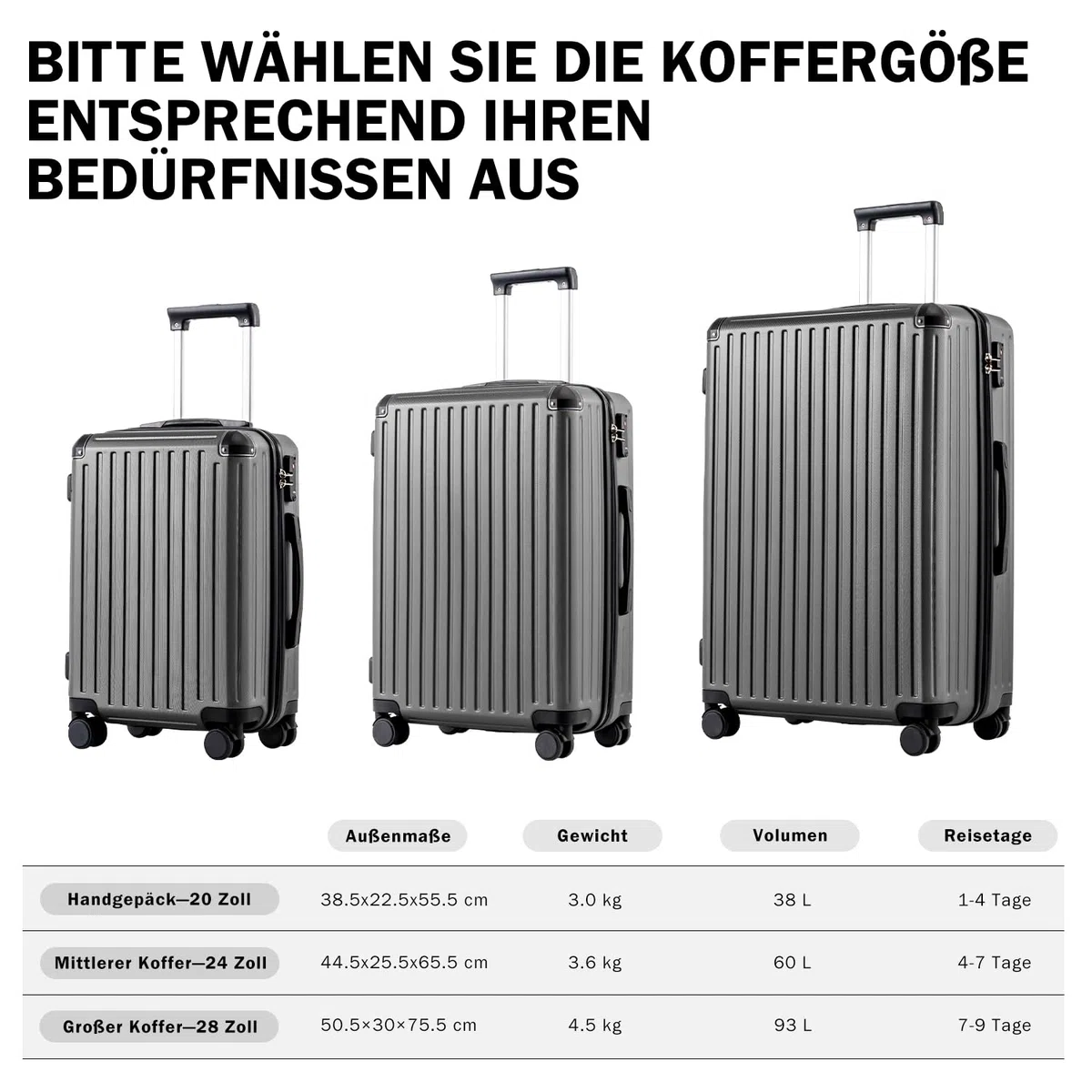COOLIFE Koffer Trolley-Koffer Hartschalen-Koffer Rollkoffer Reisekoffervon ABS-Material mit TSA-Schloss Teleskopgriff und 4 Zwillingsrollen (Schwarz, Koffer-Set)