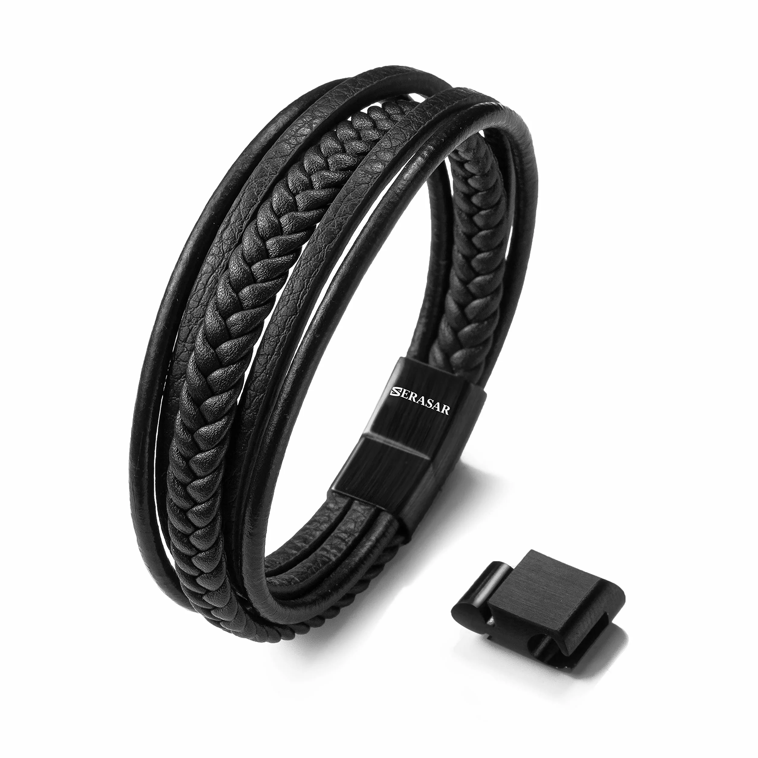 SERASAR Premium Echtlederarmband für Männer [Braid] in Schwarz & Braun | Verschiedene Längen | Magnetverschluss aus Edelstahl | Inklusive Schmuckschachtel | Tolles Geschenk für Männer