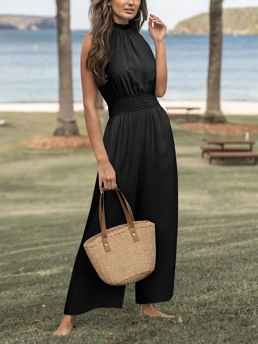 CUPSHE Damen Jumpsuit Blumen Stehkragen Overall Ärmellos Weites Bein Lang Playsuit Sommer Lose Hosenanzug mit Taschen